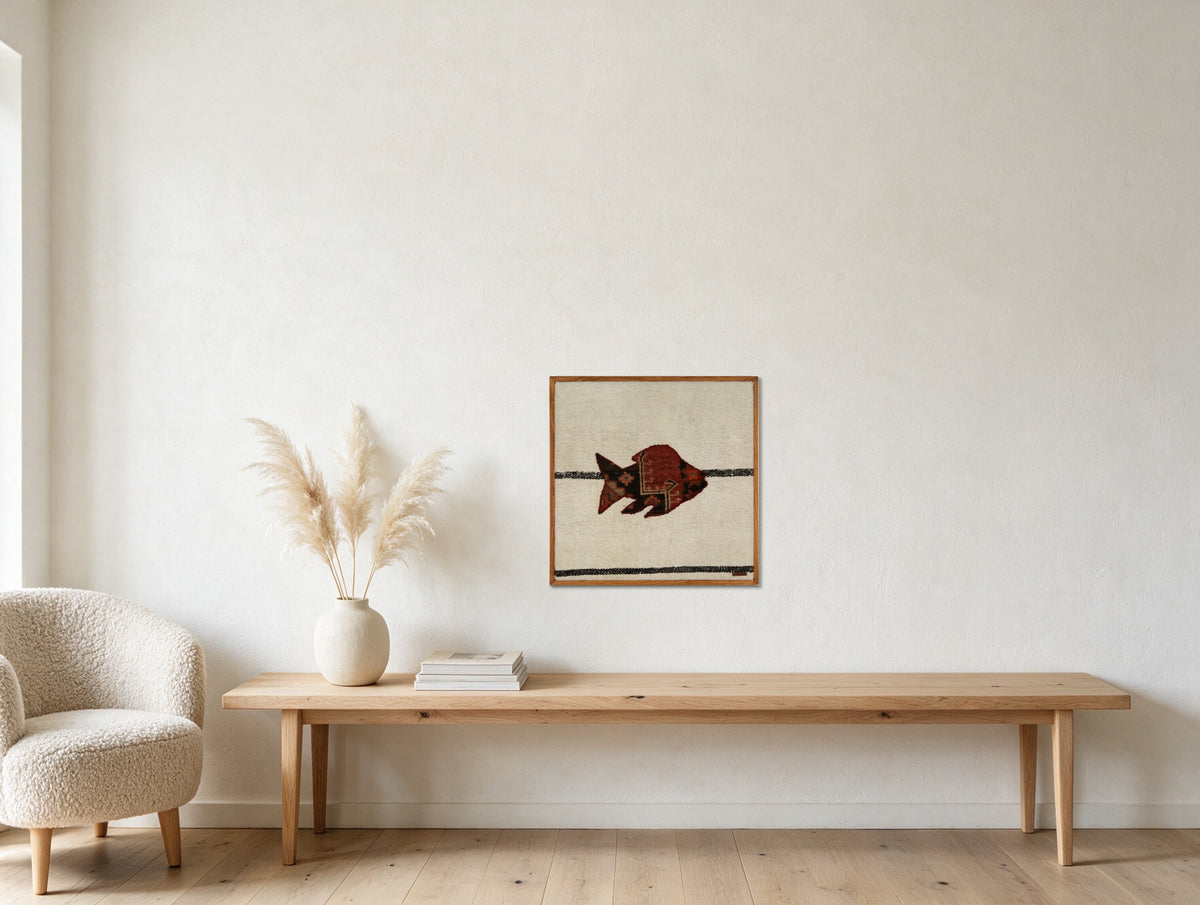 Deep Red Kilim Fish on Cream & Black Band woven wall art shown hanging in a styled room, for scale - WA-FSH-DEE-6060-057