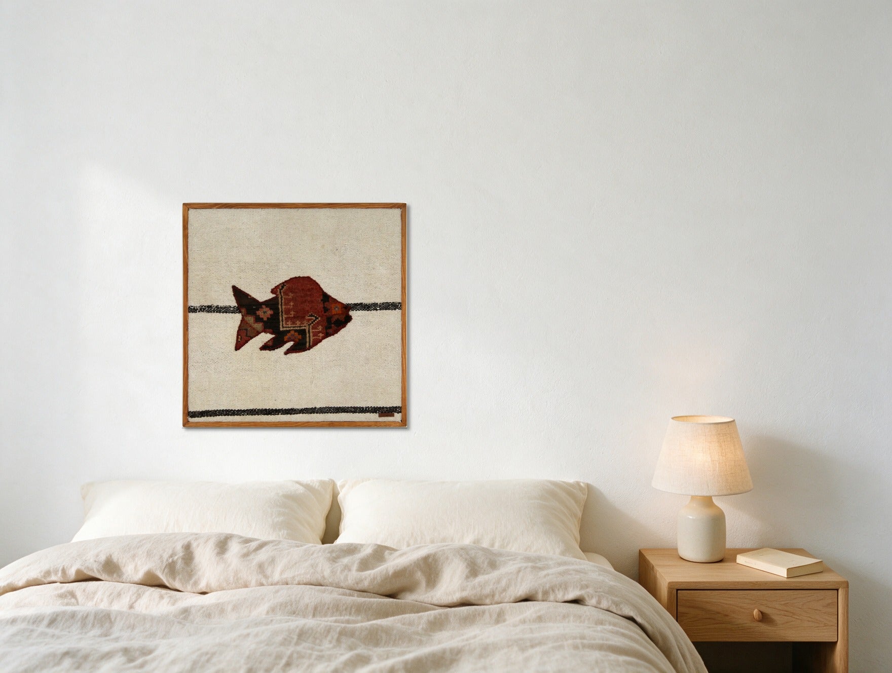 Deep Red Kilim Fish on Cream & Black Band woven wall art in a second styled room setting, for scale - WA-FSH-DEE-6060-057