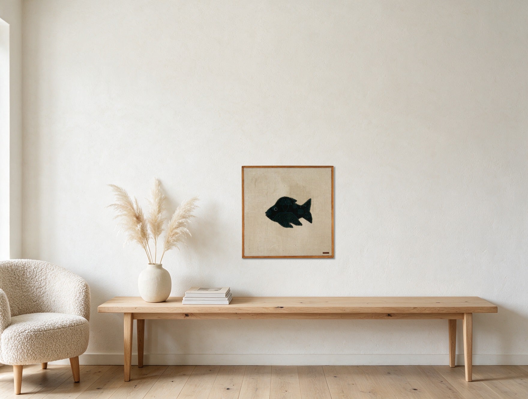 Near Black Kilim Fish on Cream woven wall art in a second styled room setting, for scale - WA-FSH-NEA-6060-058