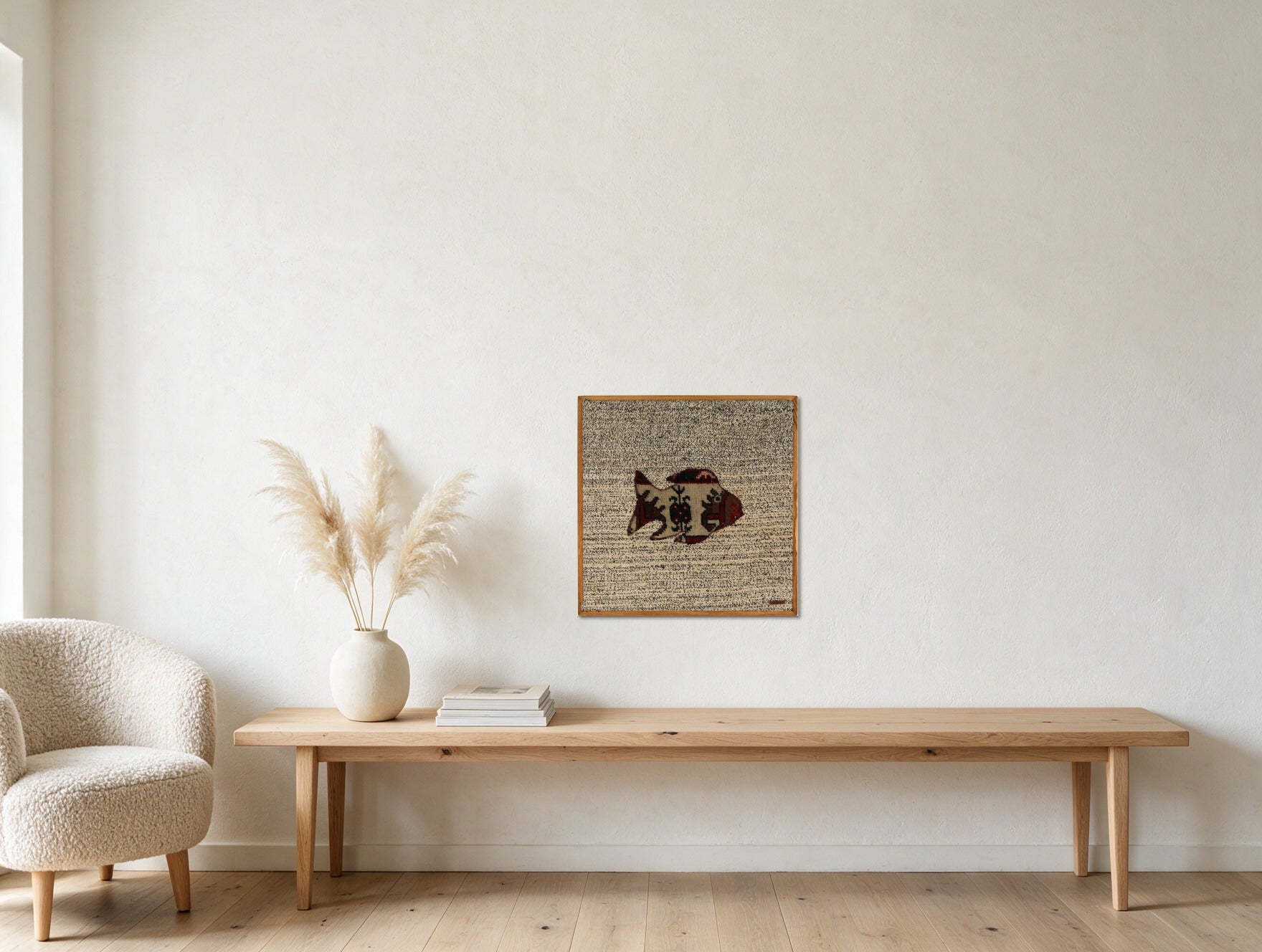 Cream & Red Kilim Fish on Charcoal Fleck woven wall art shown hanging in a styled room, for scale - WA-FSH-CRE-6060-059