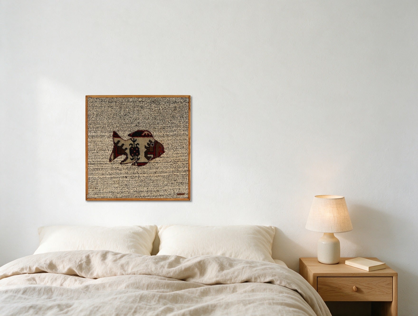 Cream & Red Kilim Fish on Charcoal Fleck woven wall art in a second styled room setting, for scale - WA-FSH-CRE-6060-059