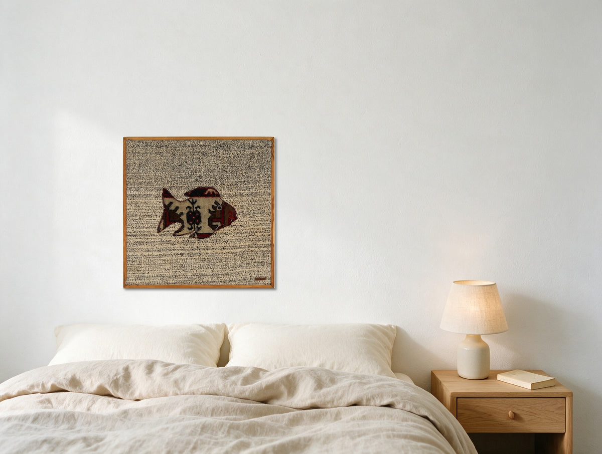 Cream & Red Kilim Fish on Charcoal Fleck woven wall art in a second styled room setting, for scale - WA-FSH-CRE-6060-059