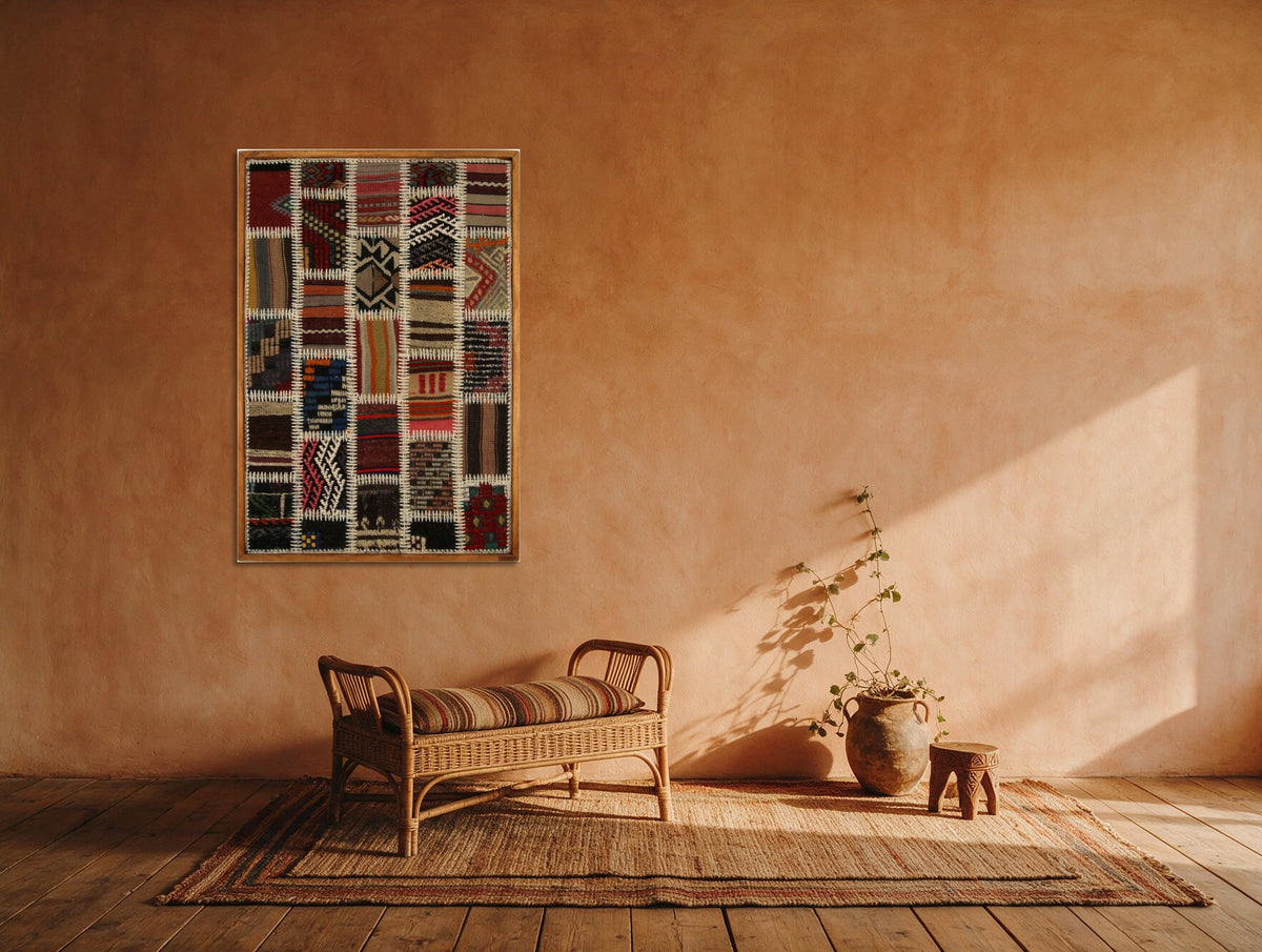 Red, Cream & Navy Kilim Patchwork on Multicolor woven wall art shown hanging in a styled room, for scale - WA-PCH-RED-6595-060
