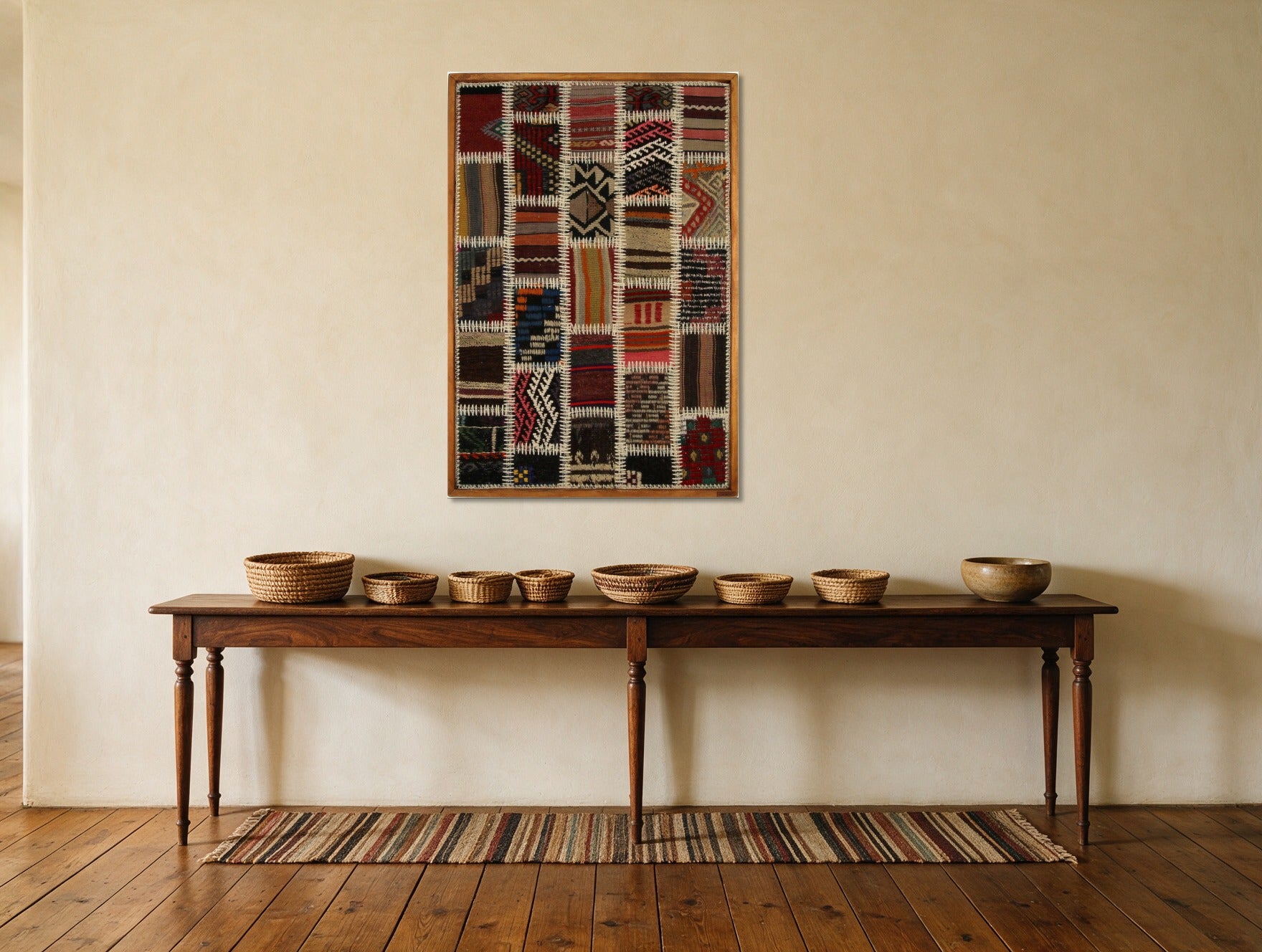 Red, Cream & Navy Kilim Patchwork on Multicolor woven wall art in a second styled room setting, for scale - WA-PCH-RED-6595-060