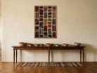 Red, Cream & Navy Kilim Patchwork on Multicolor woven wall art in a second styled room setting, for scale - WA-PCH-RED-6595-060