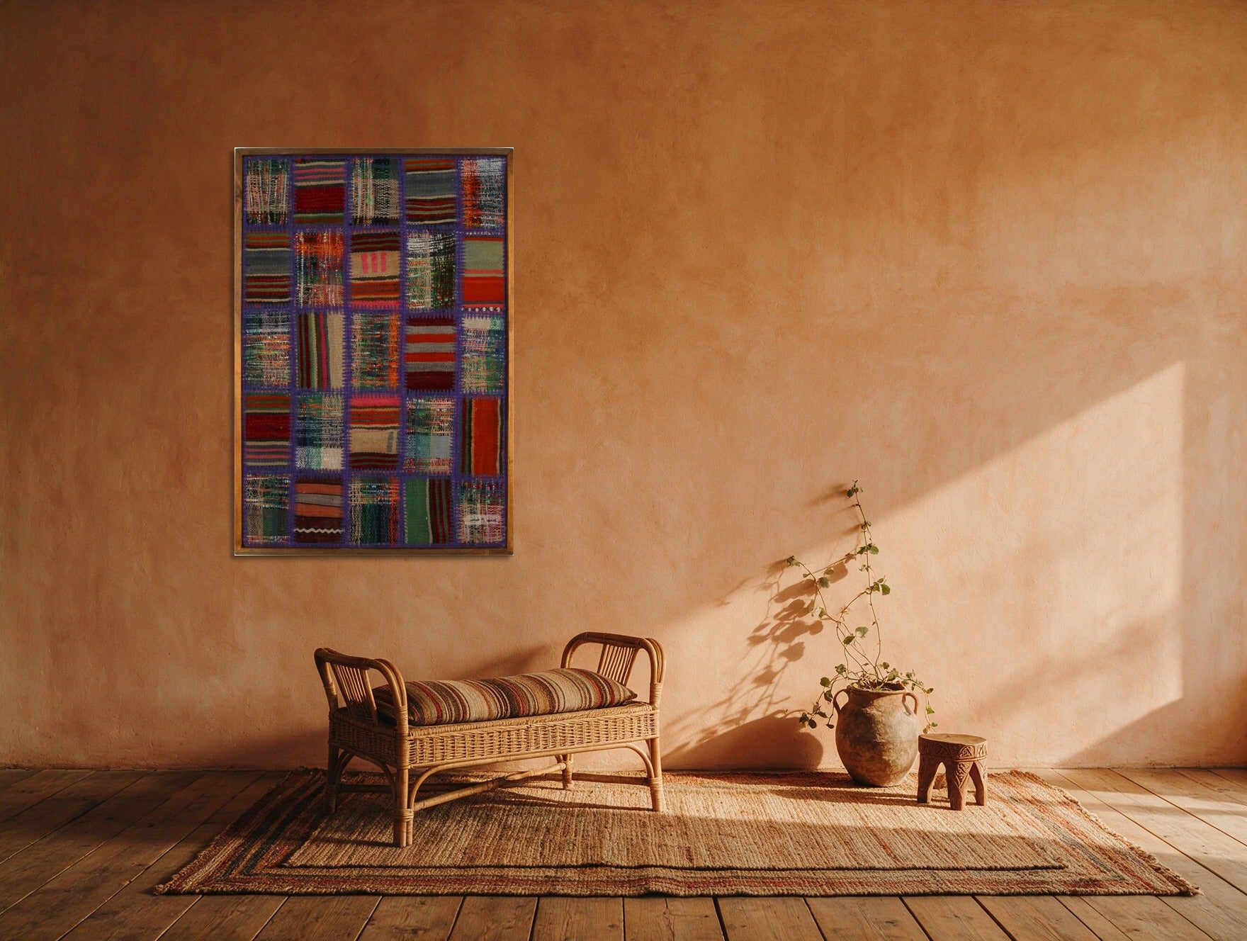 Violet, Red & Teal Kilim Patchwork on Jewel Multicolor woven wall art in a second styled room setting, for scale - WA-PCH-VIO-6595-061
