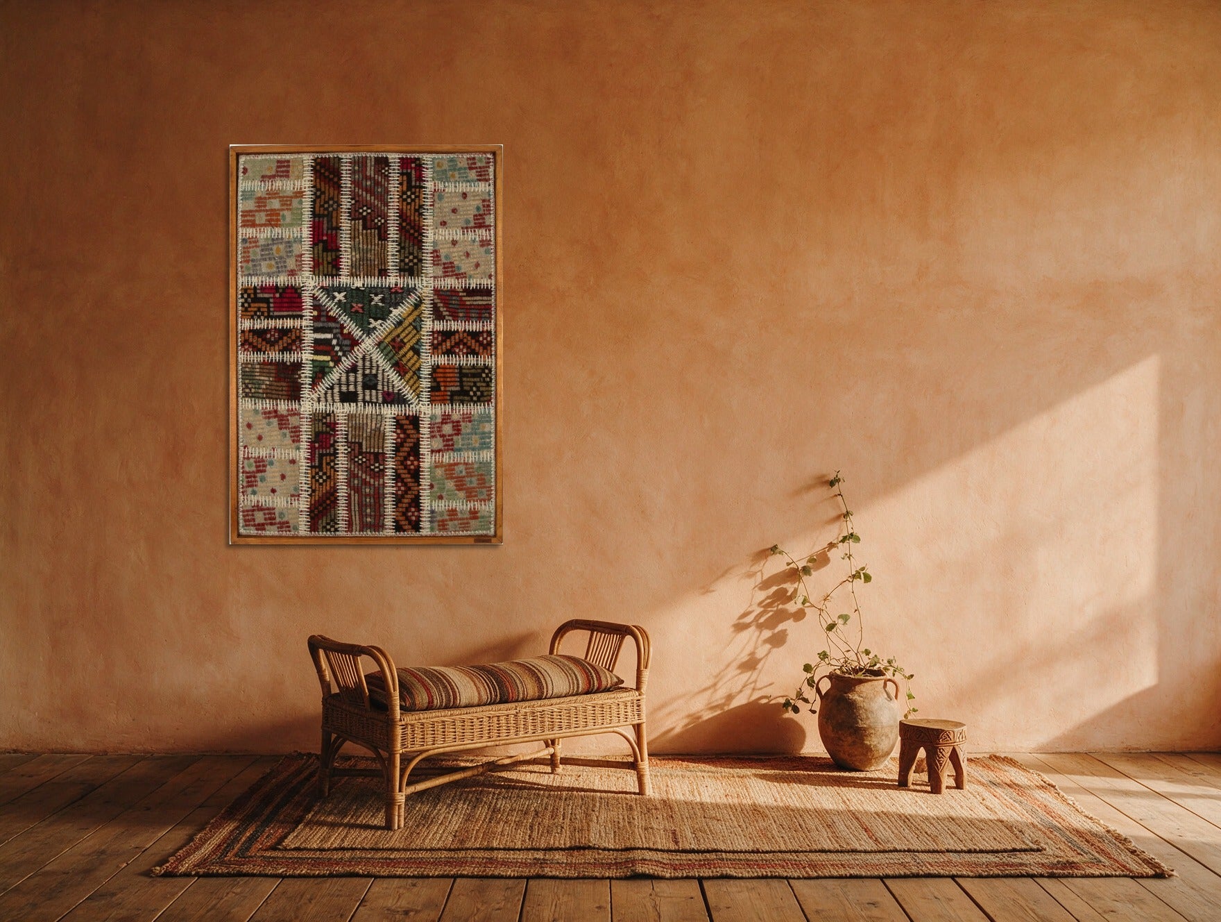 Rust & Black Kilim Patchwork on Warm Cream woven wall art shown hanging in a styled room, for scale - WA-PCH-RUS-6595-062