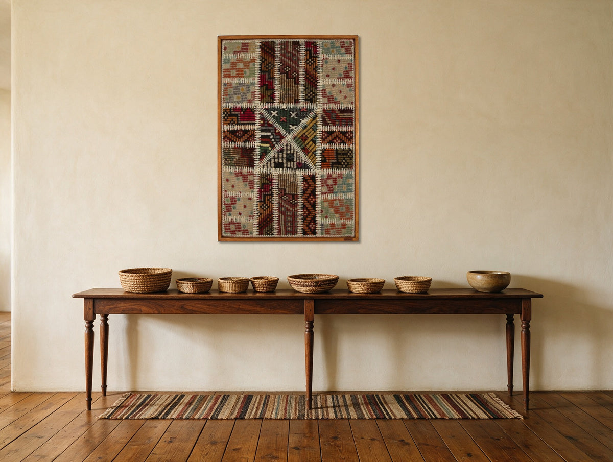 Rust & Black Kilim Patchwork on Warm Cream woven wall art in a second styled room setting, for scale - WA-PCH-RUS-6595-062