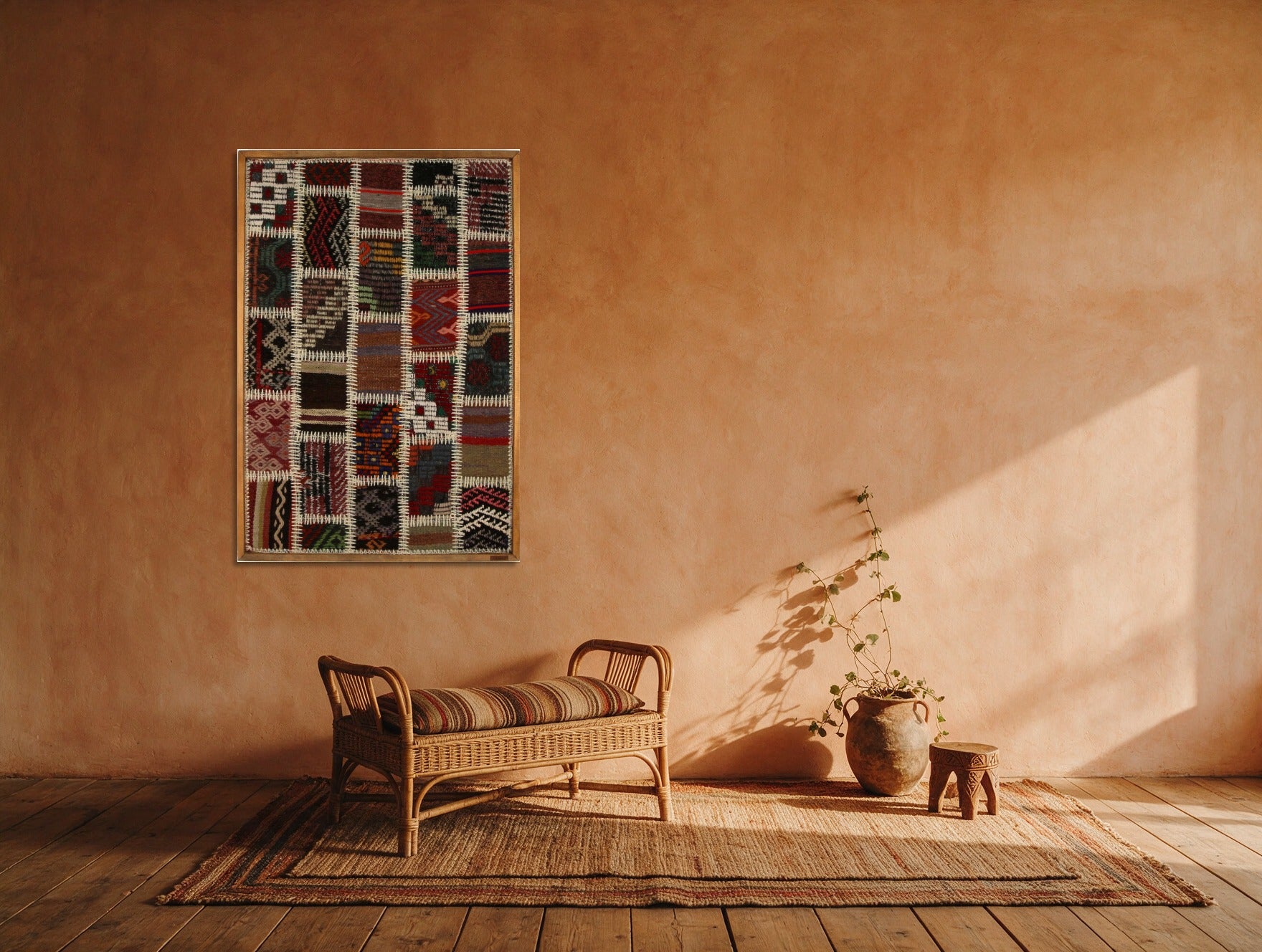 Black & Ivory Kilim Patchwork on Cream & Burgundy woven wall art in a second styled room setting, for scale - WA-PCH-BLA-6595-063