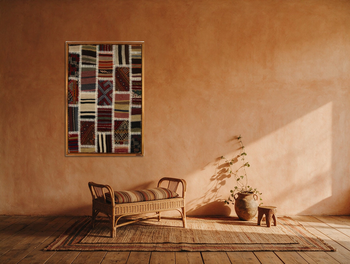 Cream & Black Kilim Patchwork on Warm Rust woven wall art shown hanging in a styled room, for scale - WA-PCH-CRE-6595-064