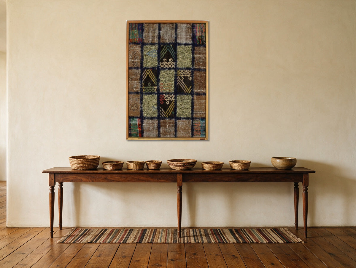 Navy & Tan Kilim Patchwork on Muted Brown woven wall art shown hanging in a styled room, for scale - WA-PCH-NAV-6595-065