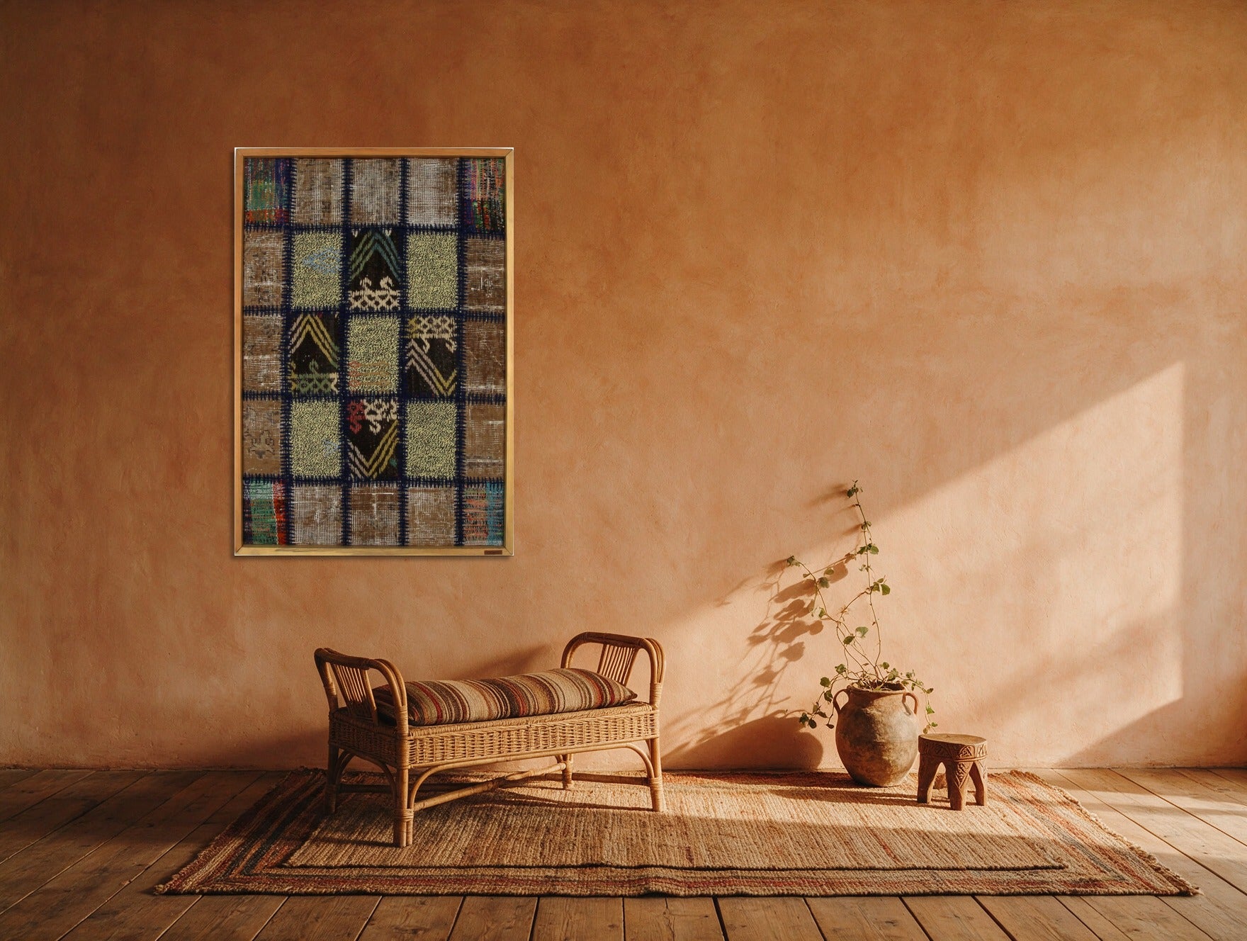 Navy & Tan Kilim Patchwork on Muted Brown woven wall art in a second styled room setting, for scale - WA-PCH-NAV-6595-065