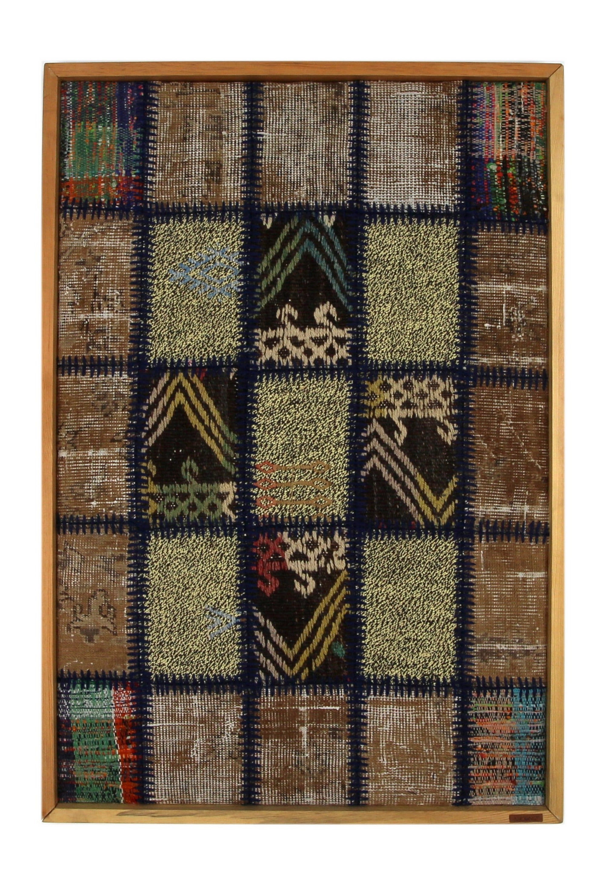 Navy & Tan Kilim Patchwork woven wall art 26" x 37" - WA-PCH-NAV-6595-065 - Arconiz