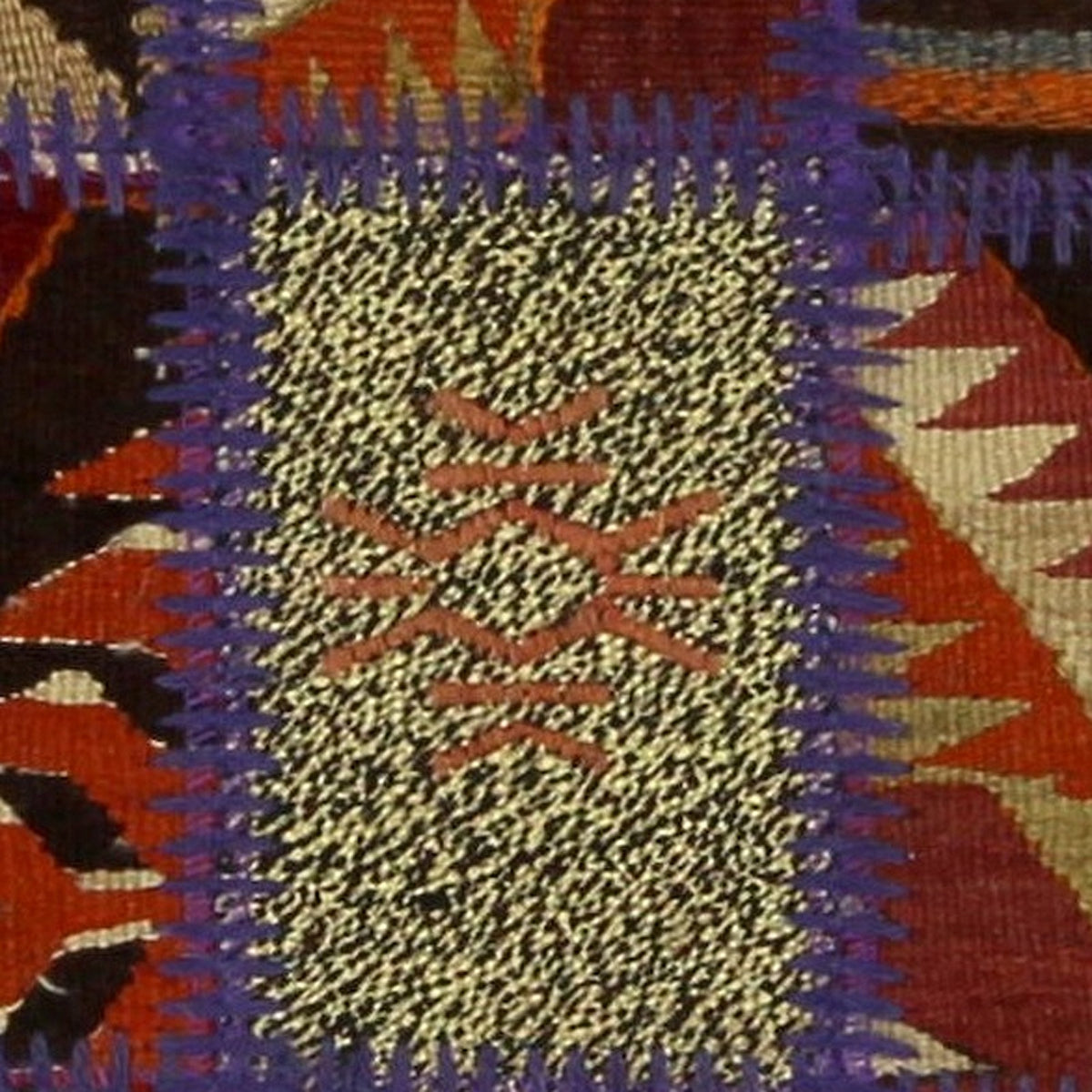 Close-up of the handwoven kilim weave - Violet & Cream Kilim Patchwork on Black & Red - WA-PCH-VIO-6595-066 - Arconiz
