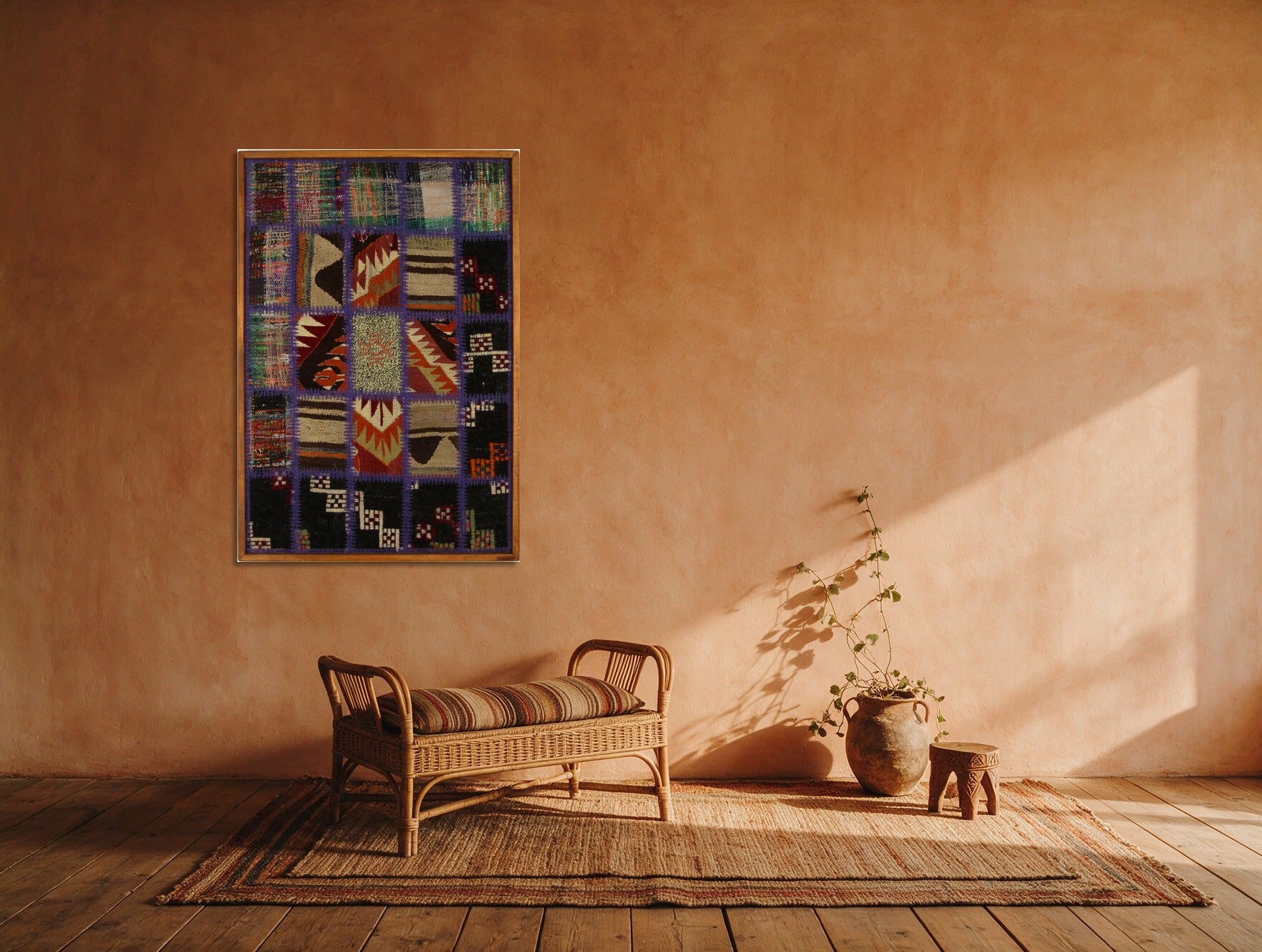 Violet & Cream Kilim Patchwork on Black & Red woven wall art shown hanging in a styled room, for scale - WA-PCH-VIO-6595-066