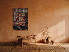 Violet & Cream Kilim Patchwork on Black & Red woven wall art shown hanging in a styled room, for scale - WA-PCH-VIO-6595-066