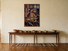 Violet & Cream Kilim Patchwork on Black & Red woven wall art in a second styled room setting, for scale - WA-PCH-VIO-6595-066