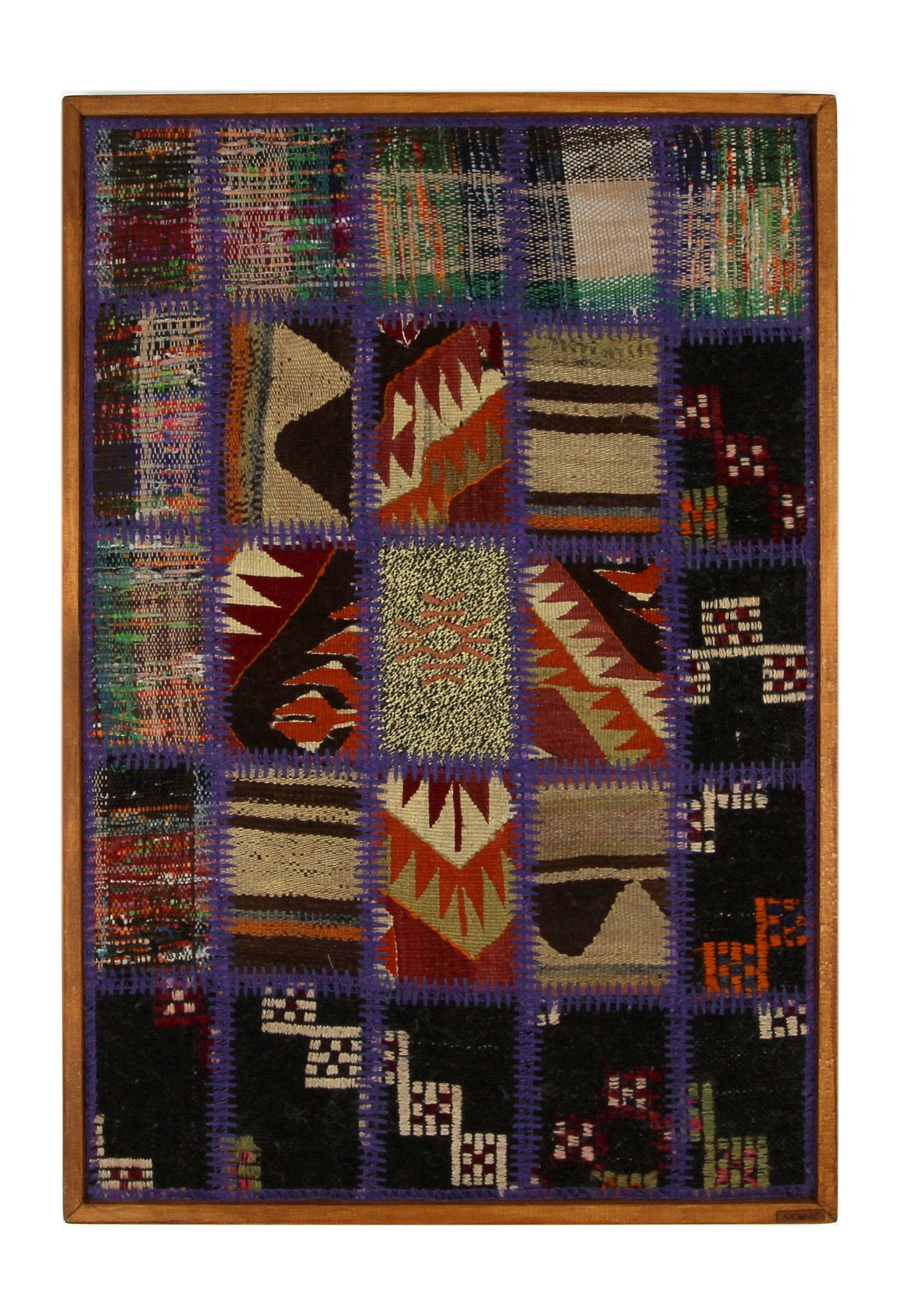 Violet & Cream Kilim Patchwork woven wall art 26" x 37" - WA-PCH-VIO-6595-066 - Arconiz