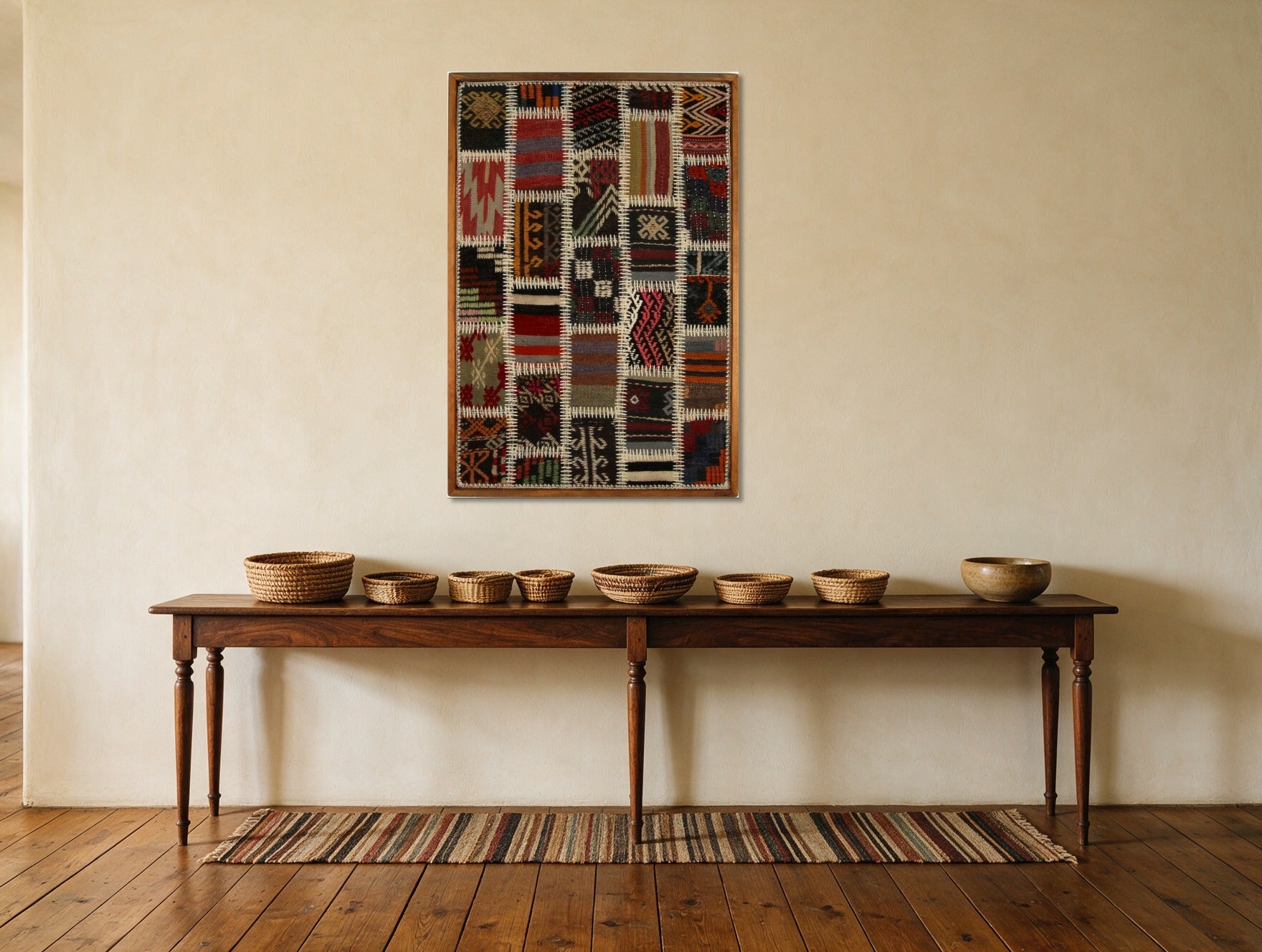 Gold & Ivory Kilim Patchwork on Red & Black woven wall art shown hanging in a styled room, for scale - WA-PCH-GOL-6595-067
