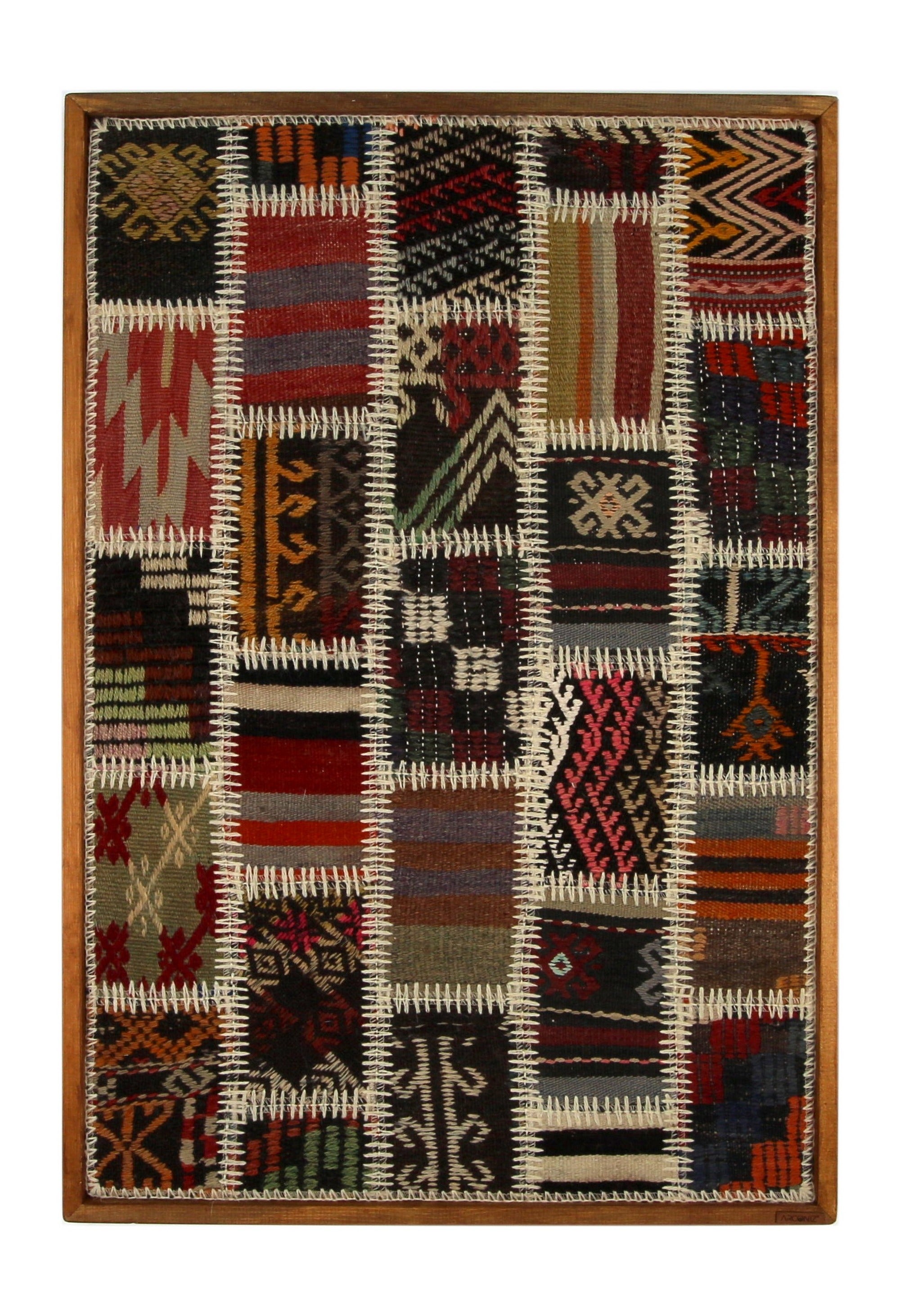 Gold & Ivory Kilim Patchwork woven wall art 26" x 37" - WA-PCH-GOL-6595-067 - Arconiz