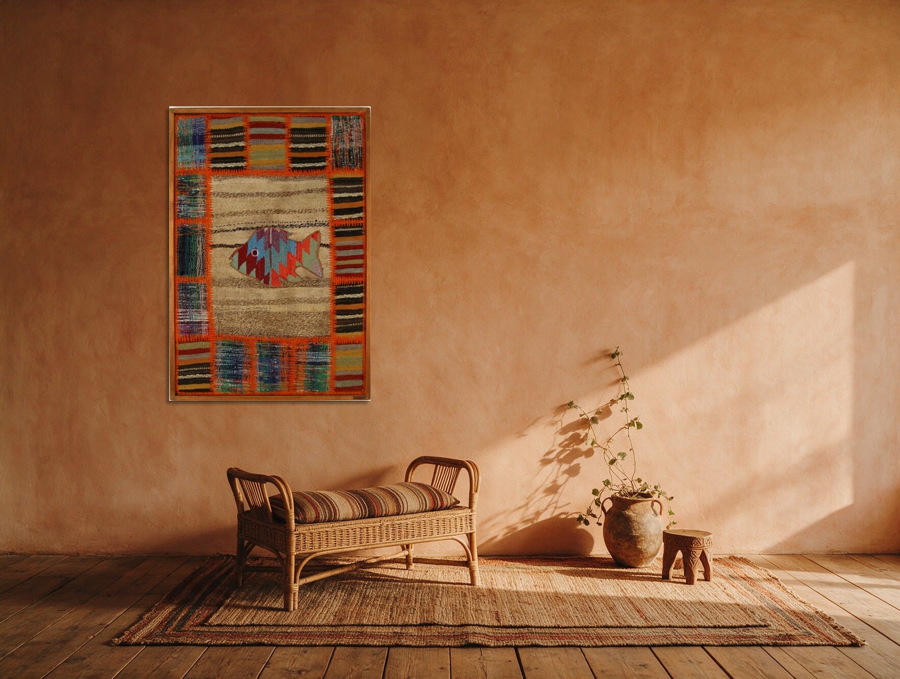 Kilim Fish Patchwork on Camel & Orange woven wall art shown hanging in a styled room, for scale - WA-PFH-RED-6595-068