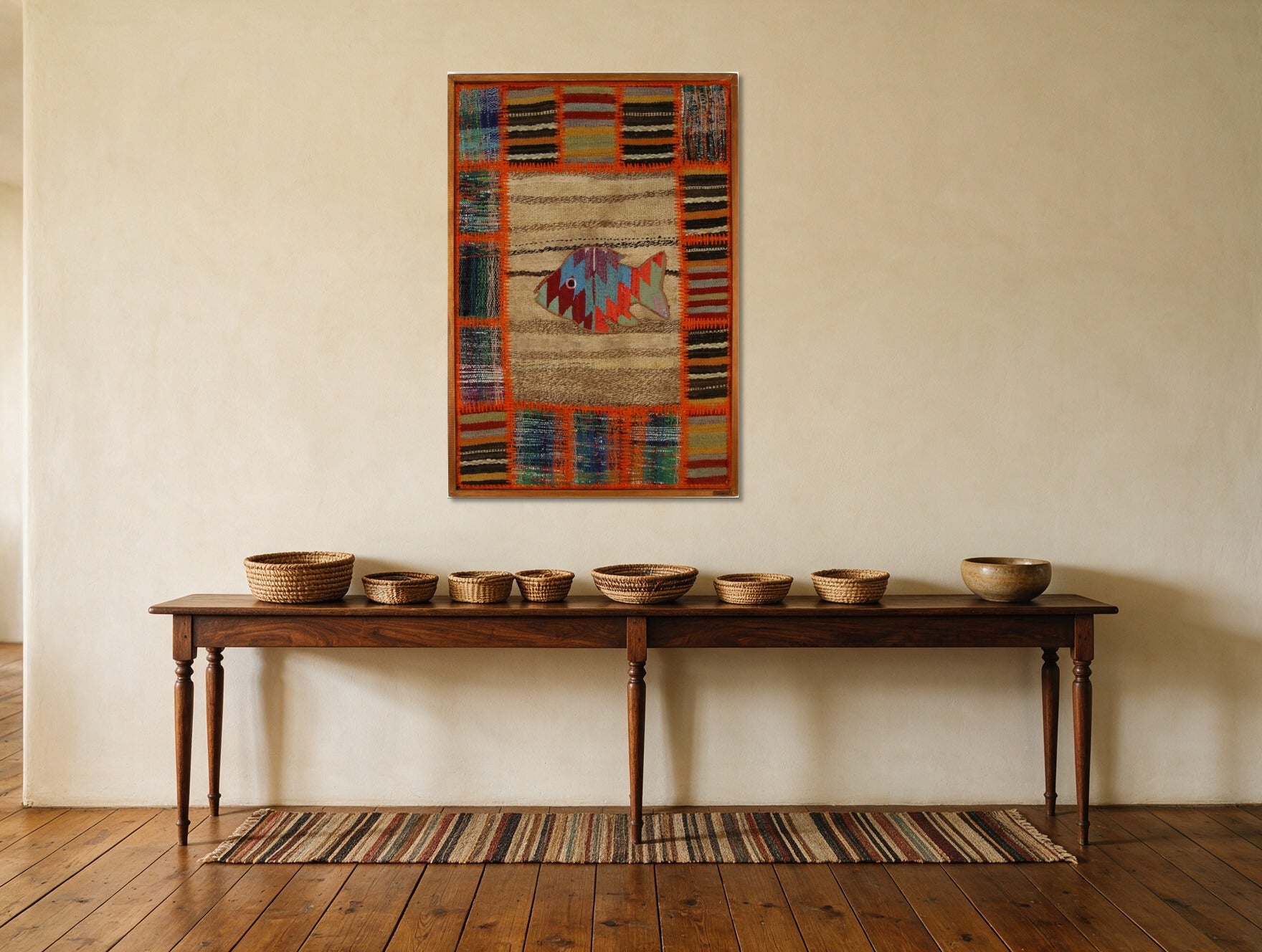Kilim Fish Patchwork on Camel & Orange woven wall art in a second styled room setting, for scale - WA-PFH-RED-6595-068