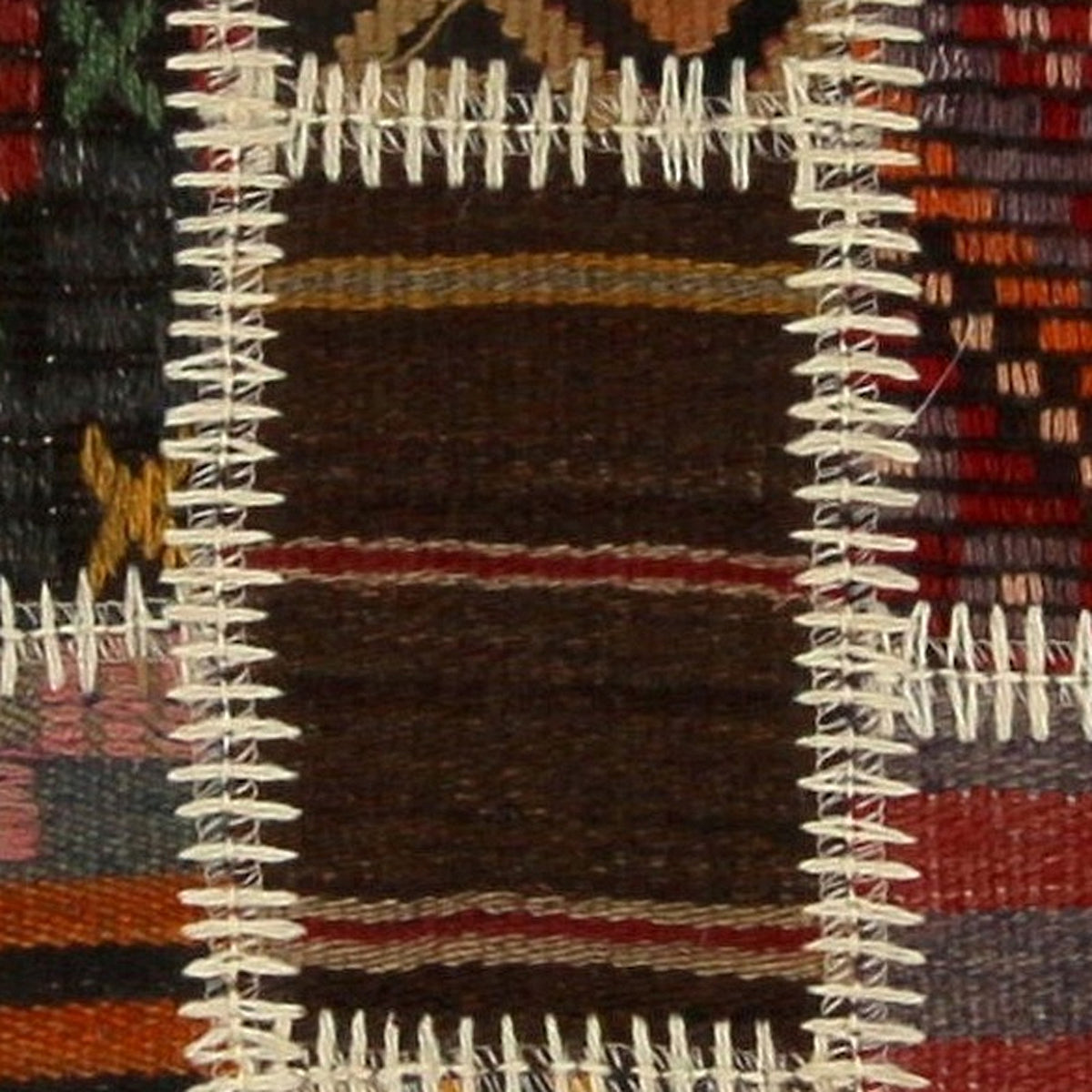 Close-up of the handwoven kilim weave - Teal & Ivory Kilim Patchwork on Red & Black - WA-PCH-TEA-6595-069 - Arconiz