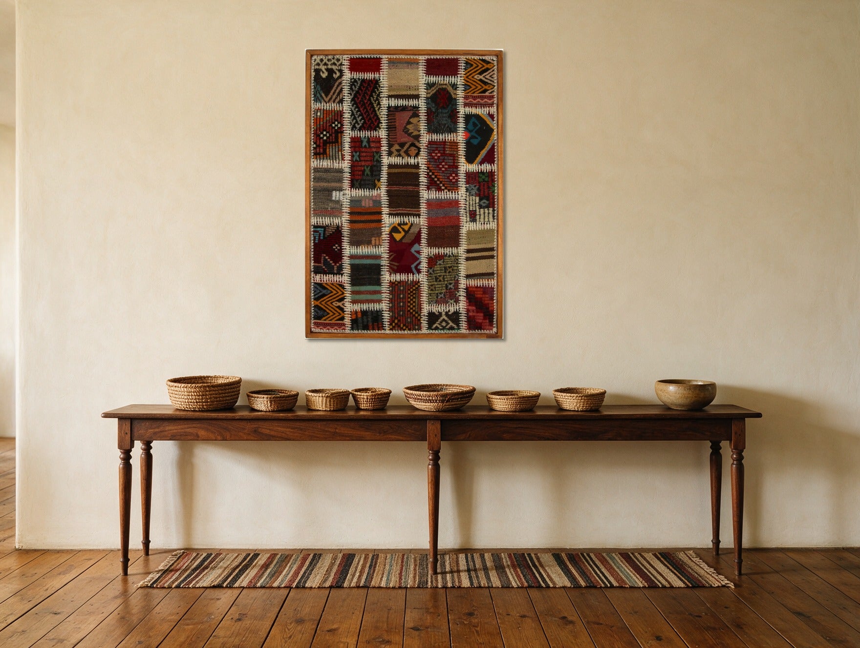 Teal & Ivory Kilim Patchwork on Red & Black woven wall art shown hanging in a styled room, for scale - WA-PCH-TEA-6595-069
