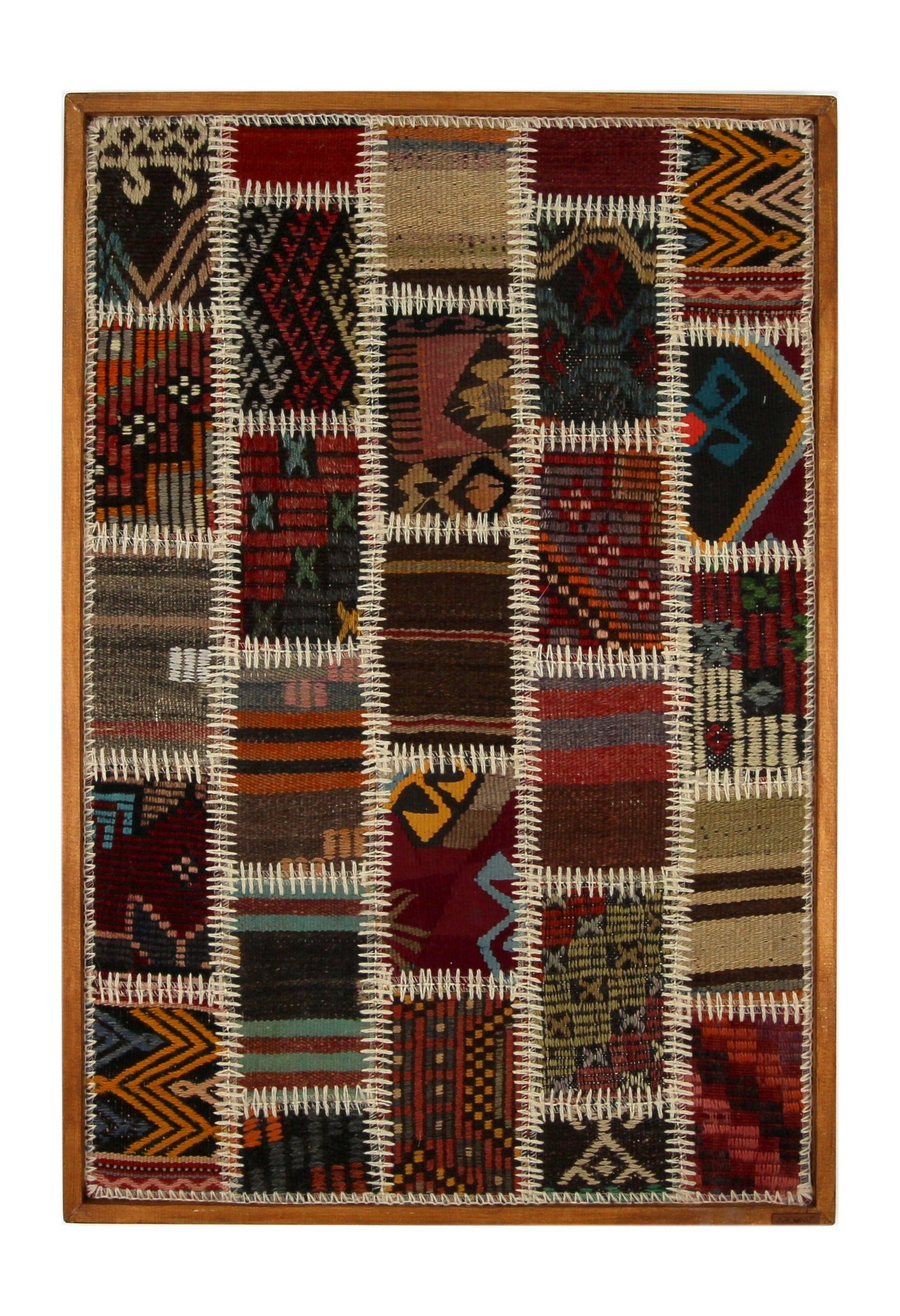Teal & Ivory Kilim Patchwork woven wall art 26" x 37" - WA-PCH-TEA-6595-069 - Arconiz