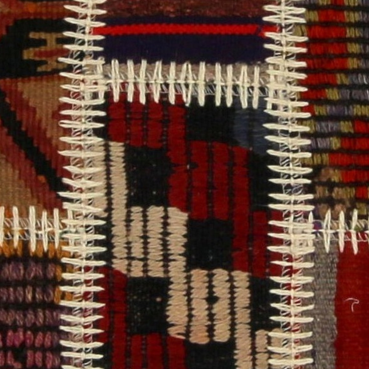 Close-up of the handwoven kilim weave - Cream Kilim Patchwork on Deep Red & Black - WA-PCH-CRE-6595-070 - Arconiz