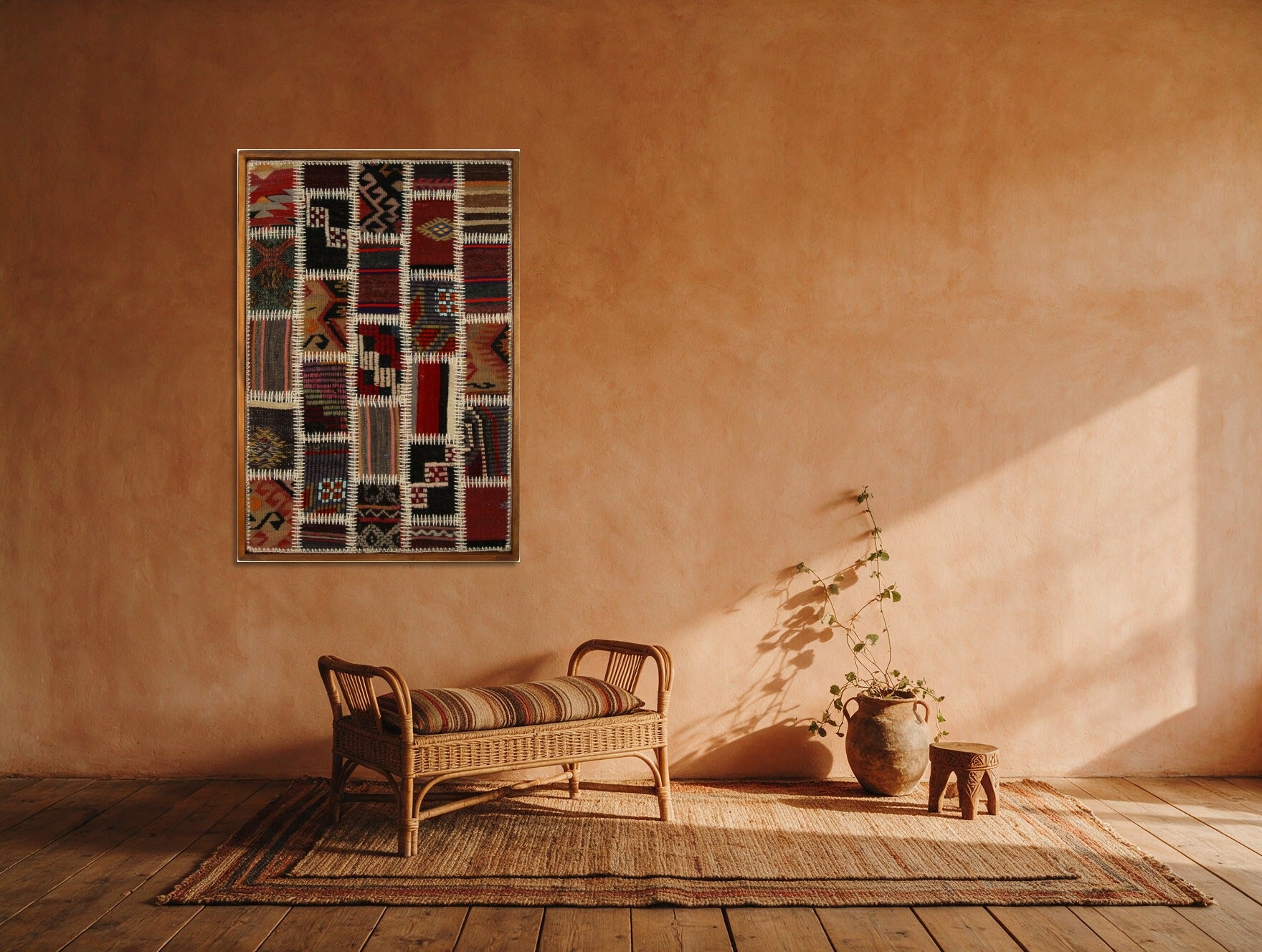 Cream Kilim Patchwork on Deep Red & Black woven wall art shown hanging in a styled room, for scale - WA-PCH-CRE-6595-070