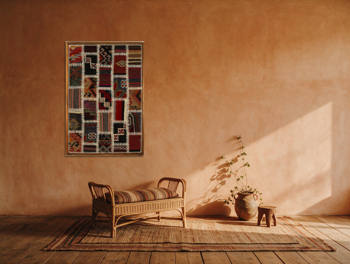 Cream Kilim Patchwork on Deep Red & Black woven wall art shown hanging in a styled room, for scale - WA-PCH-CRE-6595-070