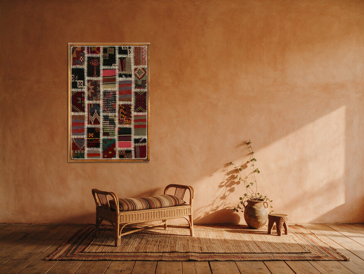 Magenta & Ivory Kilim Patchwork on Multicolor woven wall art in a second styled room setting, for scale - WA-PCH-MAG-6595-071