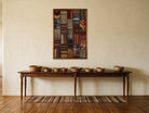 Grey Blue & Navy Kilim Patchwork on Rust & Cream woven wall art in a second styled room setting, for scale - WA-PCH-GRE-6595-072