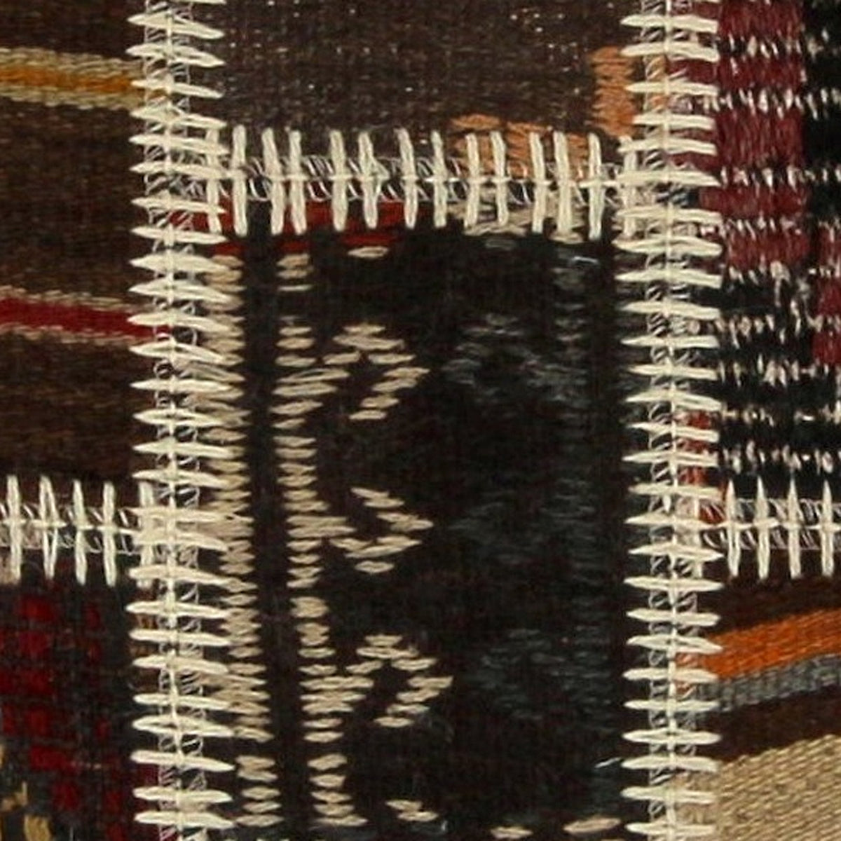 Close-up of the handwoven kilim weave - Ivory & Teal Kilim Patchwork on Red & Black - WA-PCH-IVO-6595-073 - Arconiz