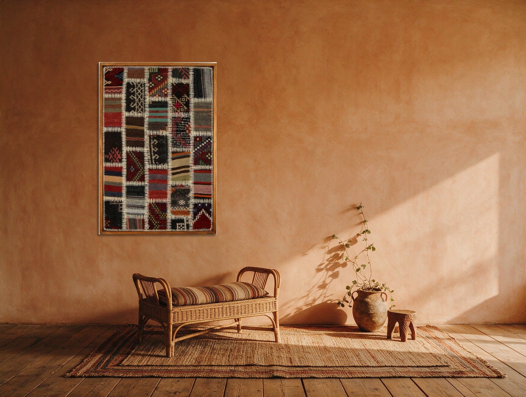 Ivory & Teal Kilim Patchwork on Red & Black woven wall art in a second styled room setting, for scale - WA-PCH-IVO-6595-073