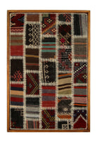 Ivory & Teal Kilim Patchwork woven wall art 26" x 37" - WA-PCH-IVO-6595-073 - Arconiz