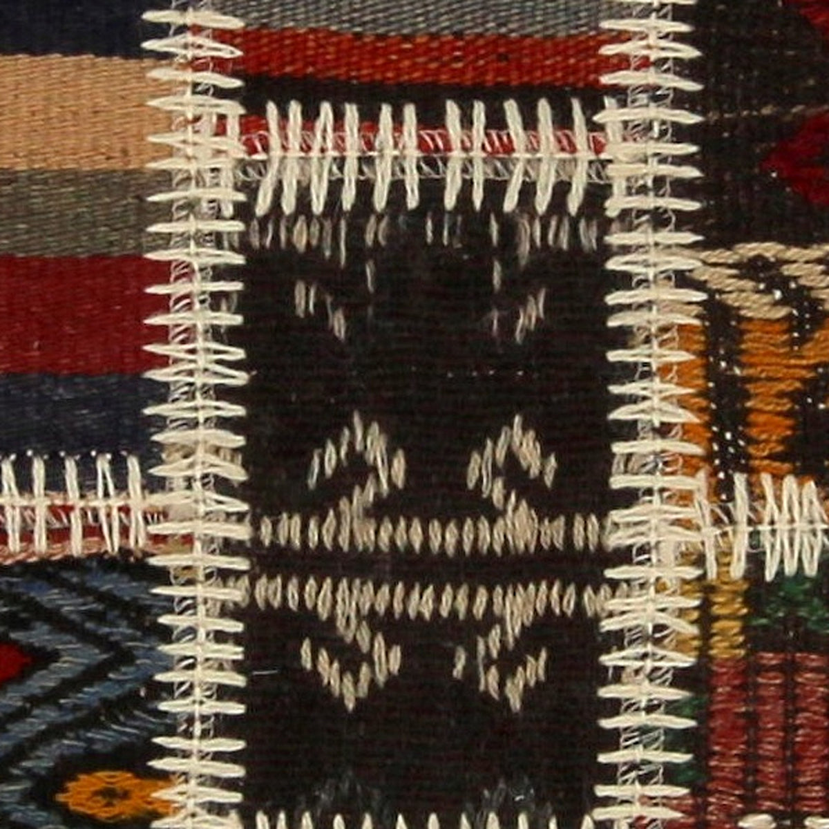 Close-up of the handwoven kilim weave - Rust, Teal & Cream Kilim Patchwork on Multicolor - WA-PCH-RUS-6696-074 - Arconiz