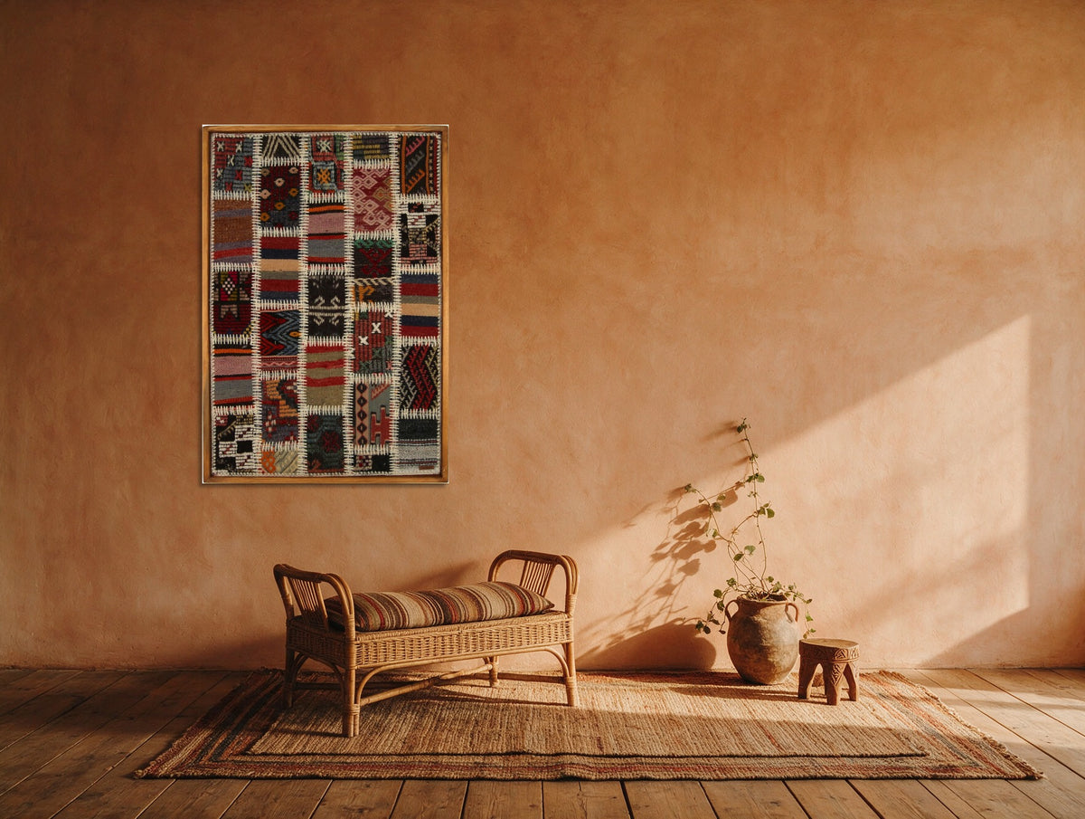 Rust, Teal & Cream Kilim Patchwork on Multicolor woven wall art shown hanging in a styled room, for scale - WA-PCH-RUS-6696-074