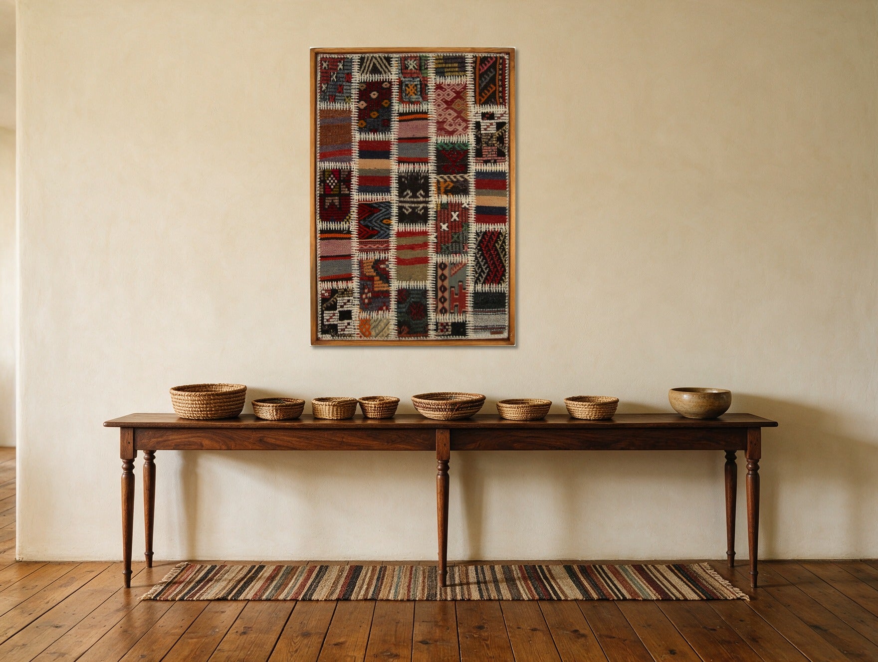 Rust, Teal & Cream Kilim Patchwork on Multicolor woven wall art in a second styled room setting, for scale - WA-PCH-RUS-6696-074