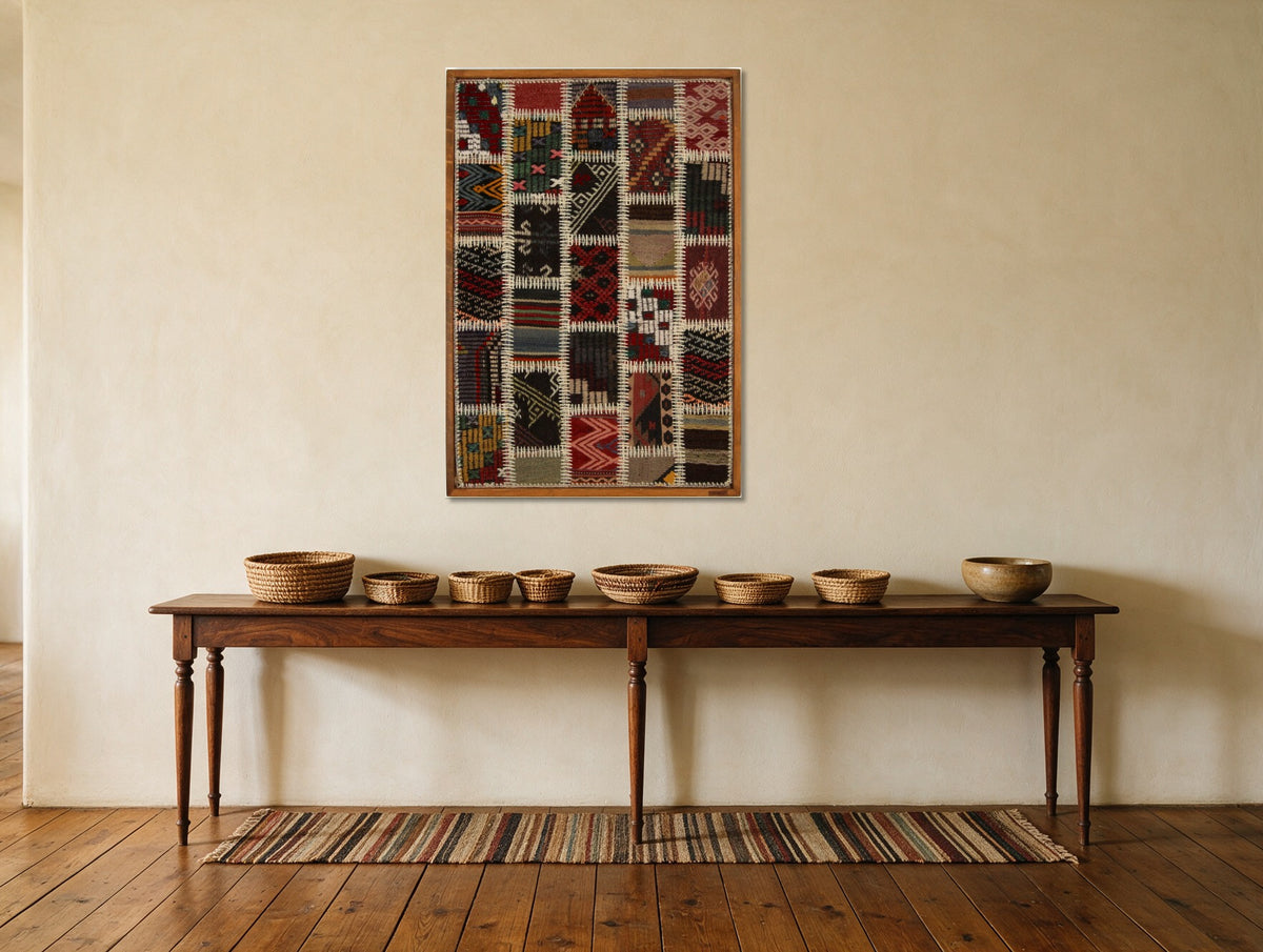 Red, Navy & Ochre Kilim Patchwork on Multicolor woven wall art shown hanging in a styled room, for scale - WA-PCH-RED-6696-075