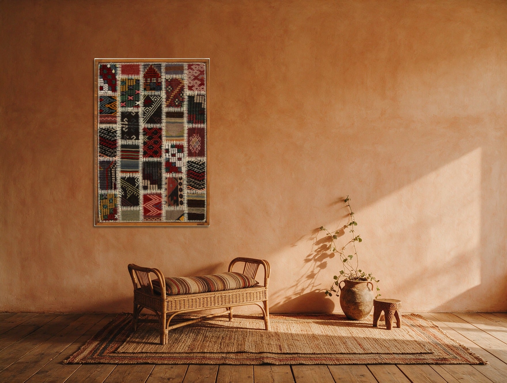 Red, Navy & Ochre Kilim Patchwork on Multicolor woven wall art in a second styled room setting, for scale - WA-PCH-RED-6696-075