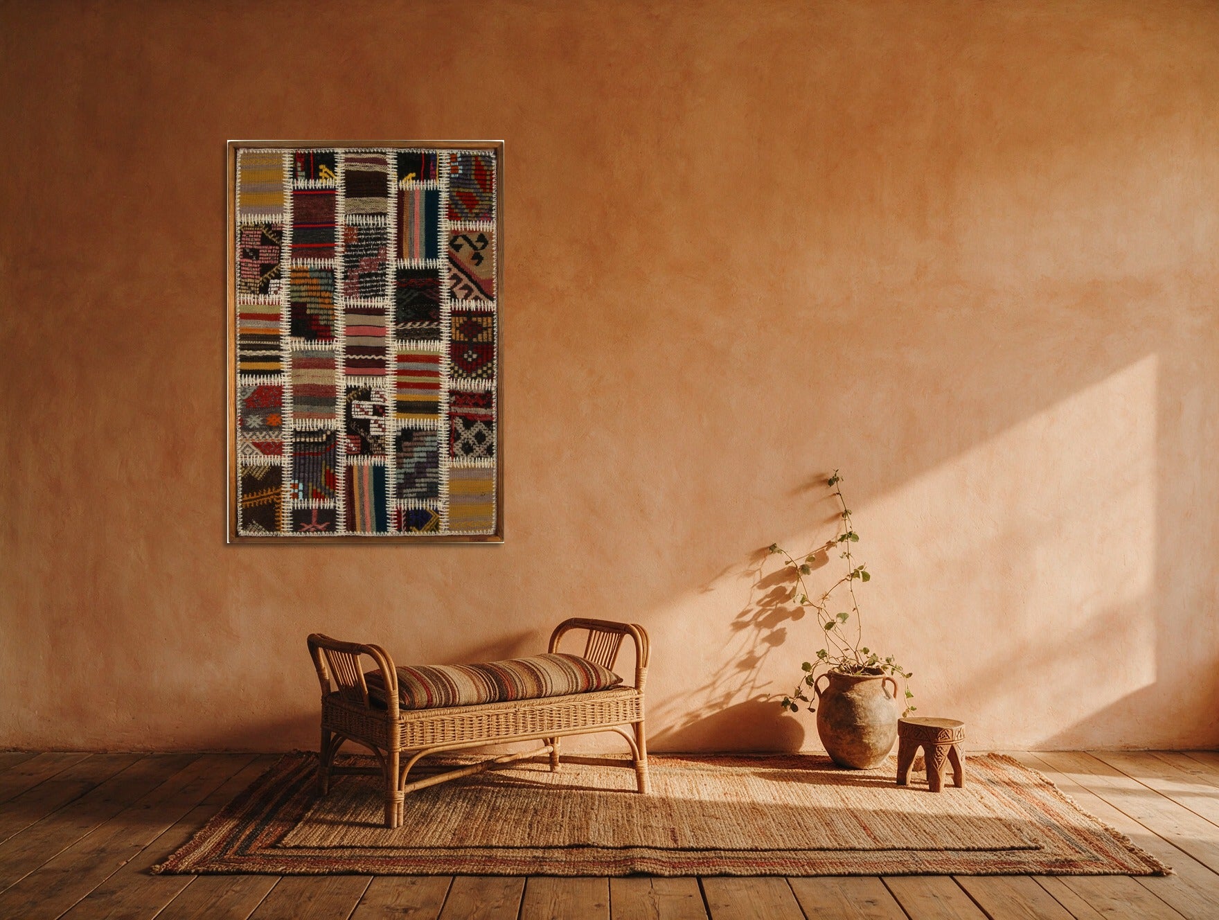 Burgundy & Cream Kilim Patchwork on Multicolor woven wall art shown hanging in a styled room, for scale - WA-PCH-BUR-6696-076