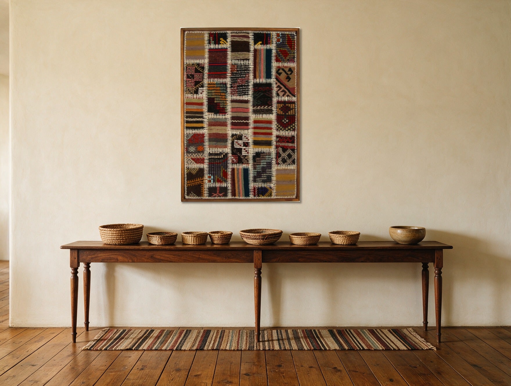 Burgundy & Cream Kilim Patchwork on Multicolor woven wall art in a second styled room setting, for scale - WA-PCH-BUR-6696-076