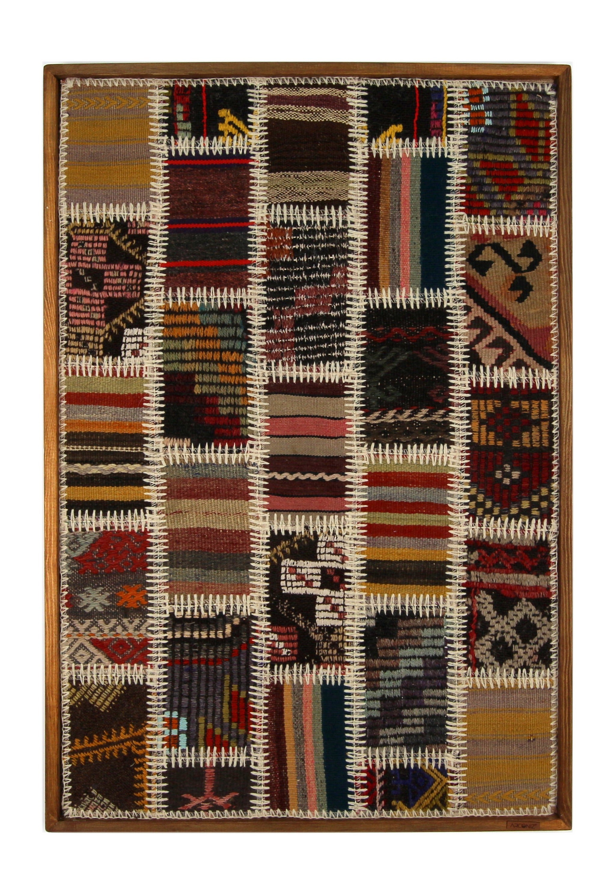 Burgundy & Cream Kilim Patchwork woven wall art 26" x 38" - WA-PCH-BUR-6696-076 - Arconiz