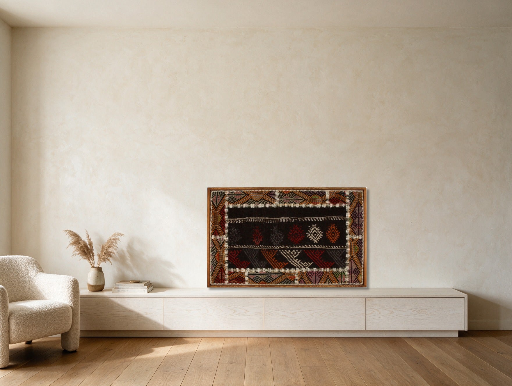 Rust & Ivory Bordered Kilim on Deep Brown woven wall art shown hanging in a styled room, for scale - WA-BRD-RUS-11069-077