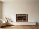 Rust & Ivory Bordered Kilim on Deep Brown woven wall art shown hanging in a styled room, for scale - WA-BRD-RUS-11069-077