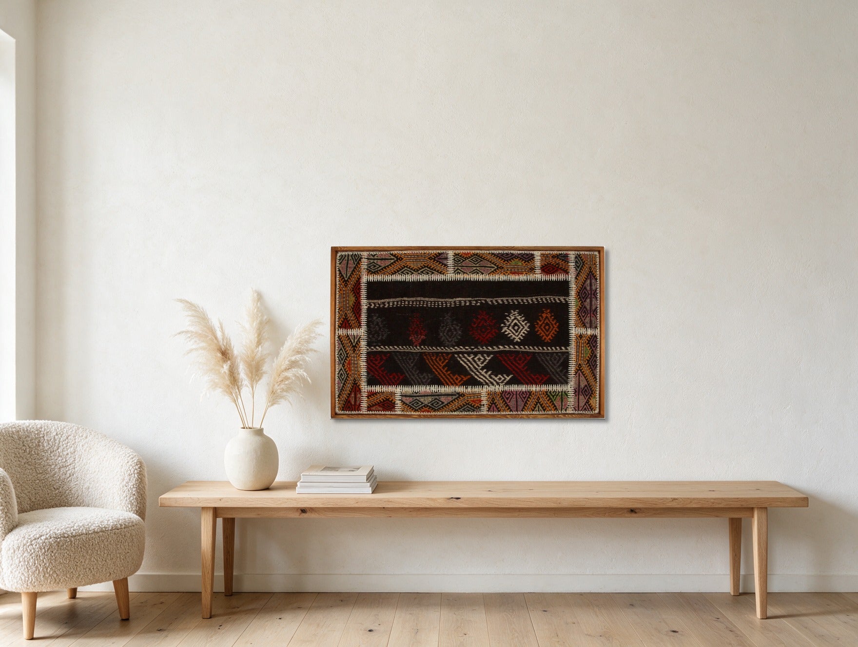 Rust & Ivory Bordered Kilim on Deep Brown woven wall art in a second styled room setting, for scale - WA-BRD-RUS-11069-077