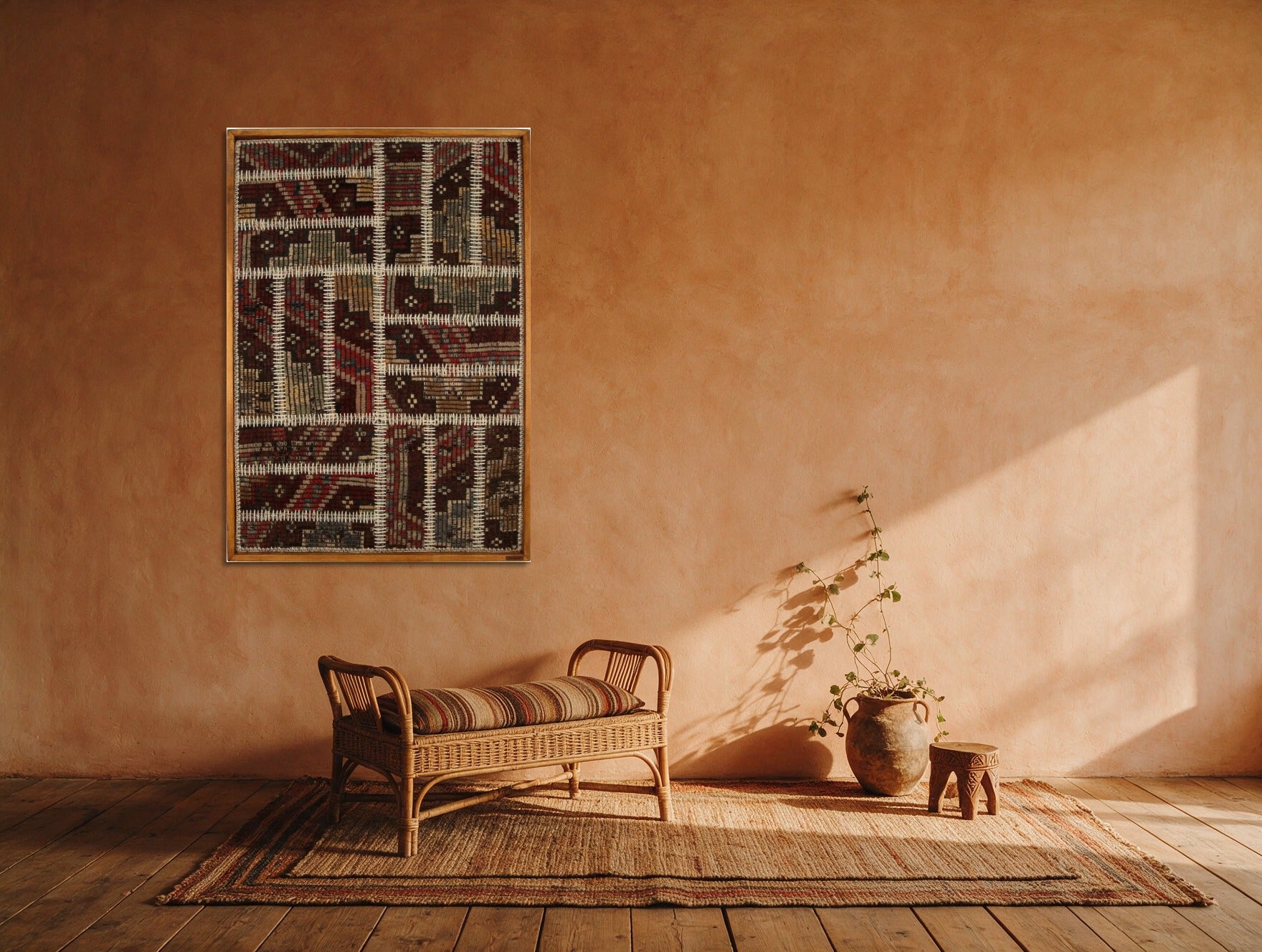 Burgundy & Charcoal Kilim Patchwork on Dark Multicolor woven wall art shown hanging in a styled room, for scale - WA-PCH-BUR-70100-078