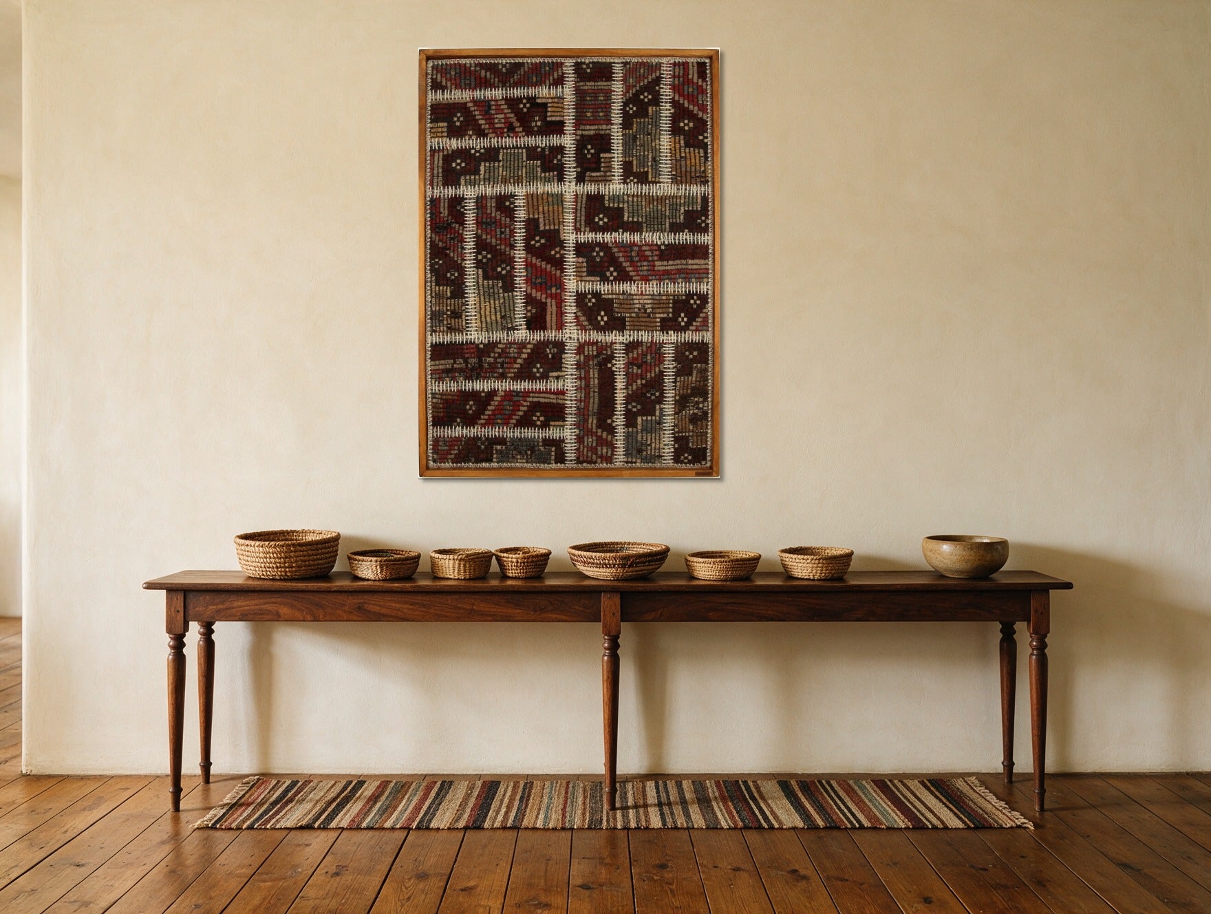 Burgundy & Charcoal Kilim Patchwork on Dark Multicolor woven wall art in a second styled room setting, for scale - WA-PCH-BUR-70100-078